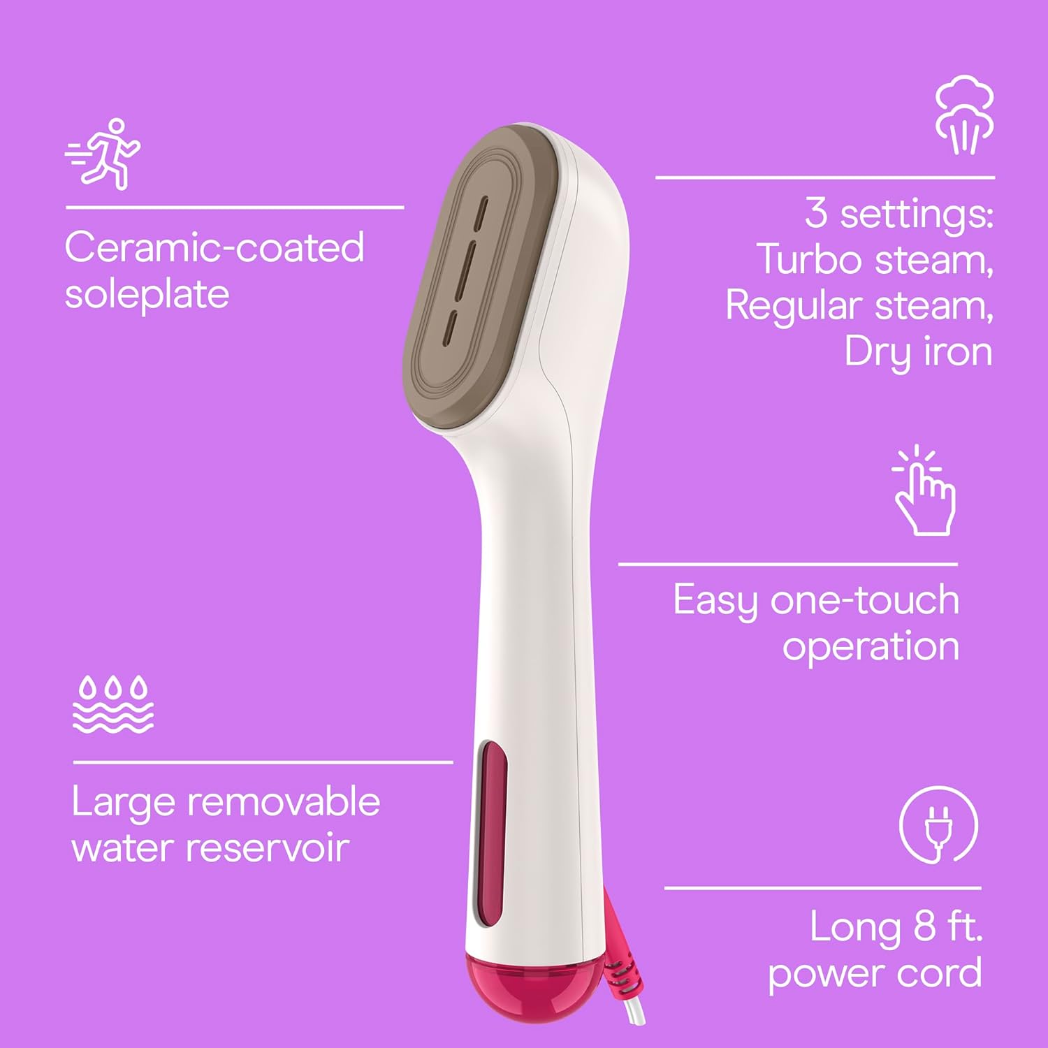Conair 2-in-1 Steam & Iron Garment Wand, Clothes Steamer Handheld, Clothing Steamer with Fast Heat-Up and 12 Minutes of Steam, Handheld Steamer for Clothes with 2-in-1 Steam or Iron, Butter and Berry