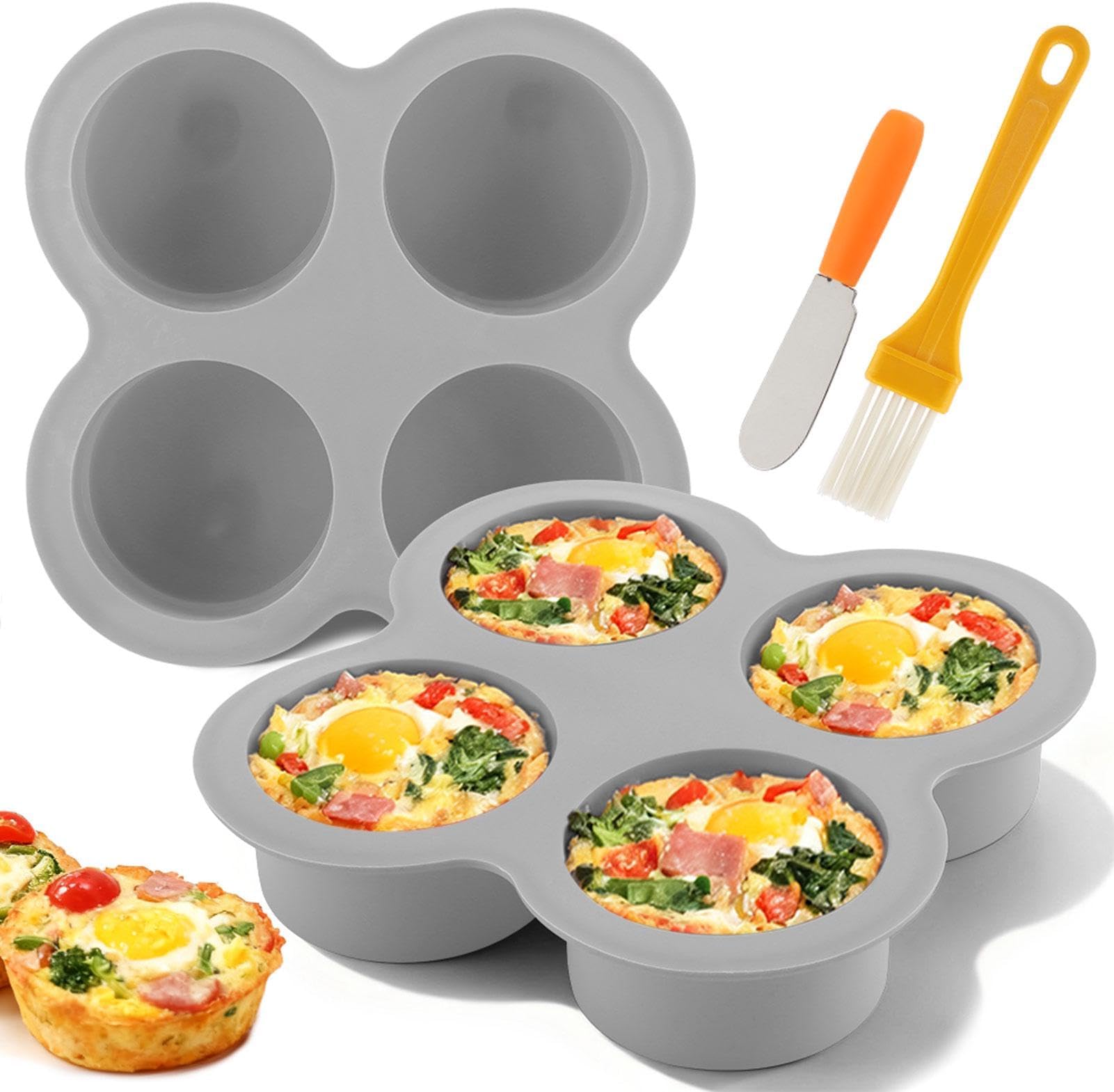 2 Pack Silicone Egg Bite Molds with 1 Spatula & 1 Brush, 4 Cups Silicone Air Fryer Baking Pan Non-Stick for Egg Bites, Cupcake, Tart, Frittata, Quiche, Muffins, Cornbread