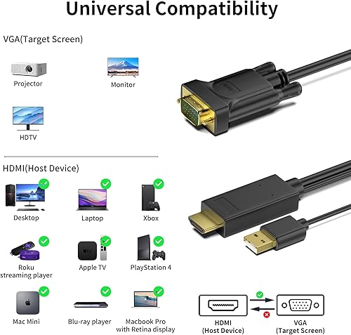 Miniatura 4 de HDMI a VGA, cable HDMI a VGA chapado en oro de 6 pies con alimentación USB (hombre a macho), compatible con computadora, computadora de escritorio,