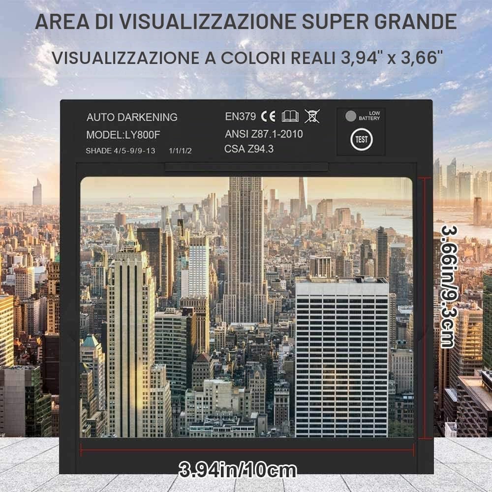 HITBOX Maschera da Saldatore Automatica – Grande Schermo 3,94" x 3,66" con Oscuramento Automatico True Color, Casco da Saldatura Solare con 4 Sensori ad Arco DIN 5/9