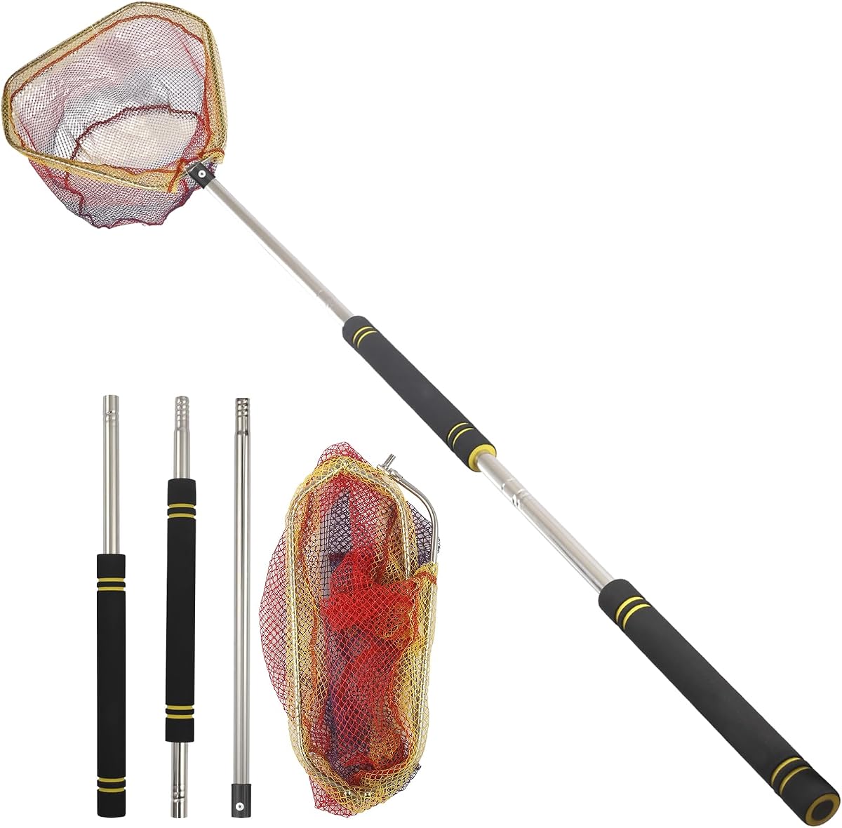 Fishing Landing Net, Fishing Net with Handle for Fishing with Splicing Extension Pole Handle Sturdy Stainless Steel Tubes Comfortable Sponge Handle, yellow