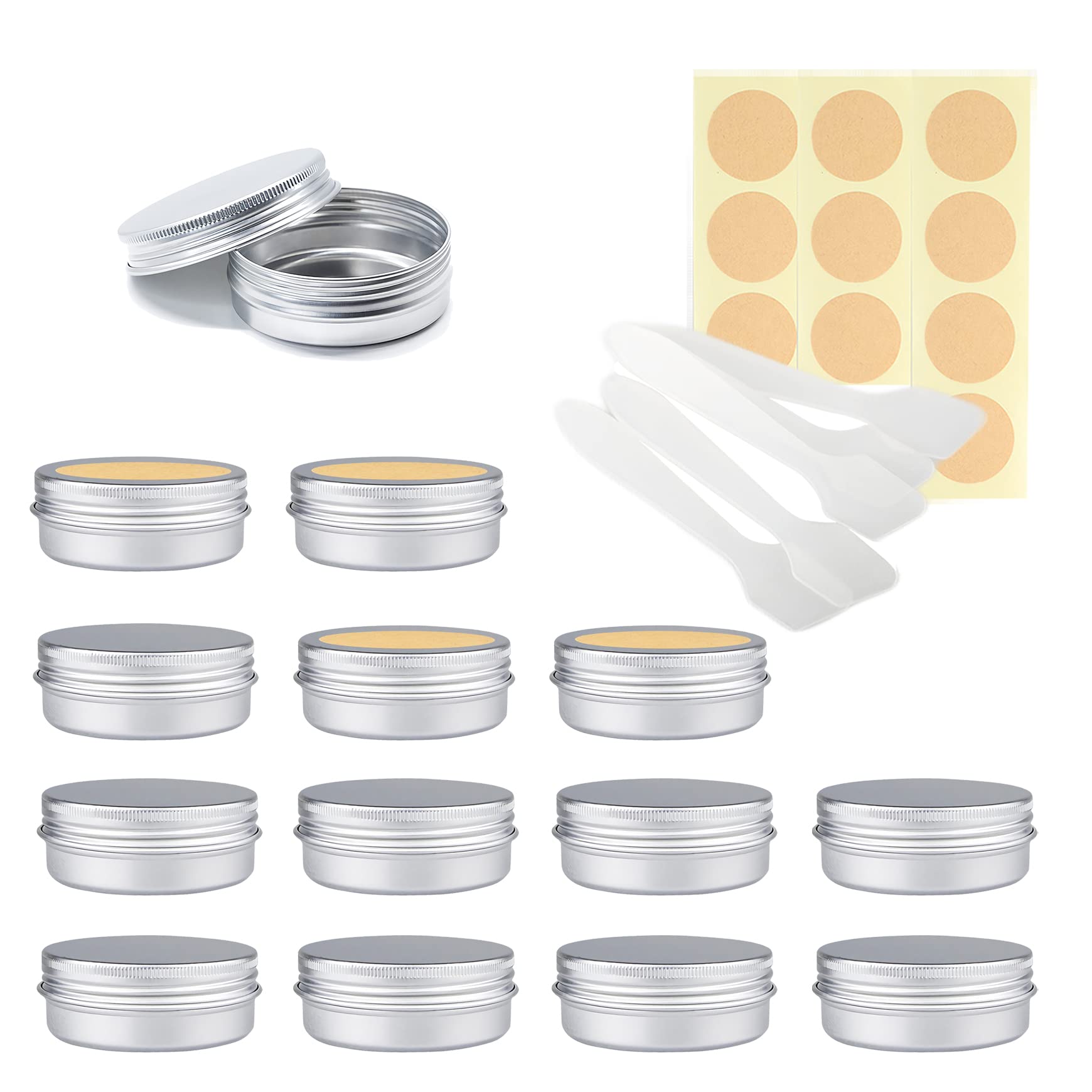LusDoly Pack of 20 Empty 60ml Silver Aluminium Tins with Lids - Ø68x27mm Round Aluminum Screw Pots Travel Round Cosmetic Cream Jars Container for Candle Lip Balm, with Labels & Spatulas