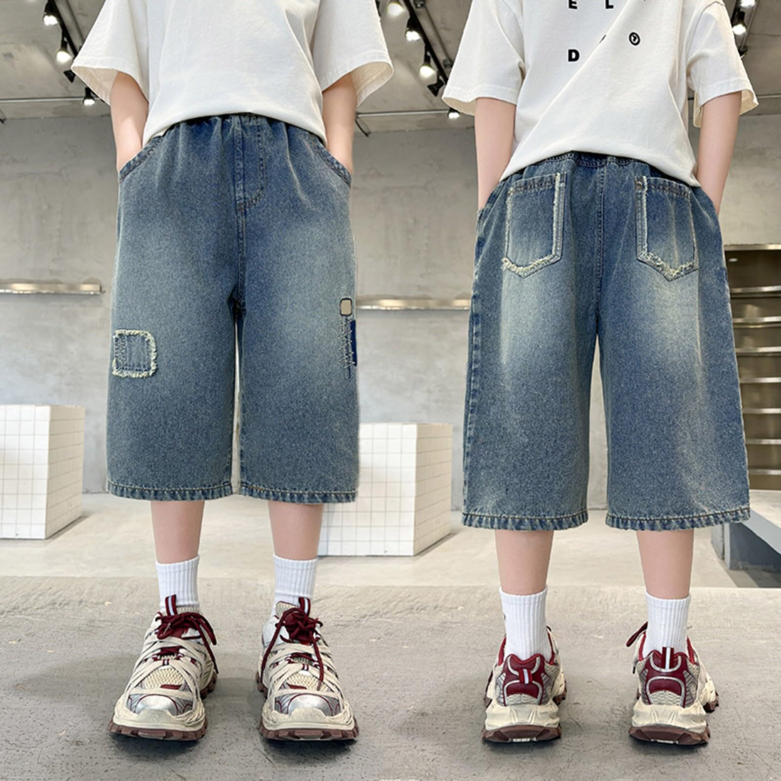 jeans bambin-Pantaloncini misti per ragazzi con elastico in vita per l'estate, pantaloncini in denim casual larghi per bambini dai 5 ai 14 anni, leggeri e resistenti, da indossare tutti i giorni