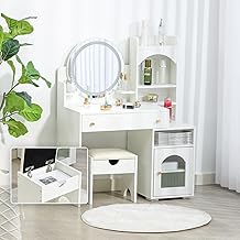 Dowinx LS-66C9A-01 Compact Dresser Set of 2, 3 Color LED Lights, Storage Stool Included, Mirror Stand, Princess Style, Cute, Actress Mirror, Many Storage, Fashionable, Drawers, Storage Table, Vanity