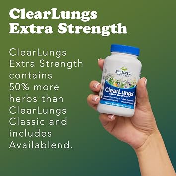 RidgeCrest Herbals ClearLungs Extra Strength، مكمل صحي يومي، تركيبة طبيعية لصحة الرئة والأنف (120 كبسولة نباتية، 60 جرعة)