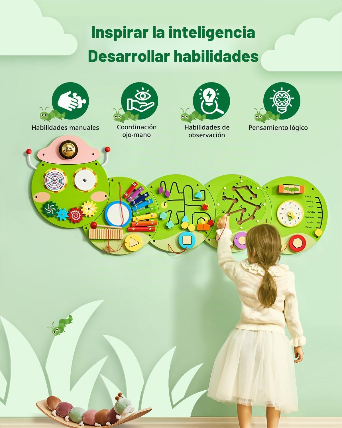 VEVOR Tablero Montessori de Pared de Oruga para Niños Pequeños 3 a 12 Años, Panel Sensorial con 12 Juegos Interactivos de MDF para Guardería Aula Motricidad Fina Sala de Juegos Infantil y Juego Diario