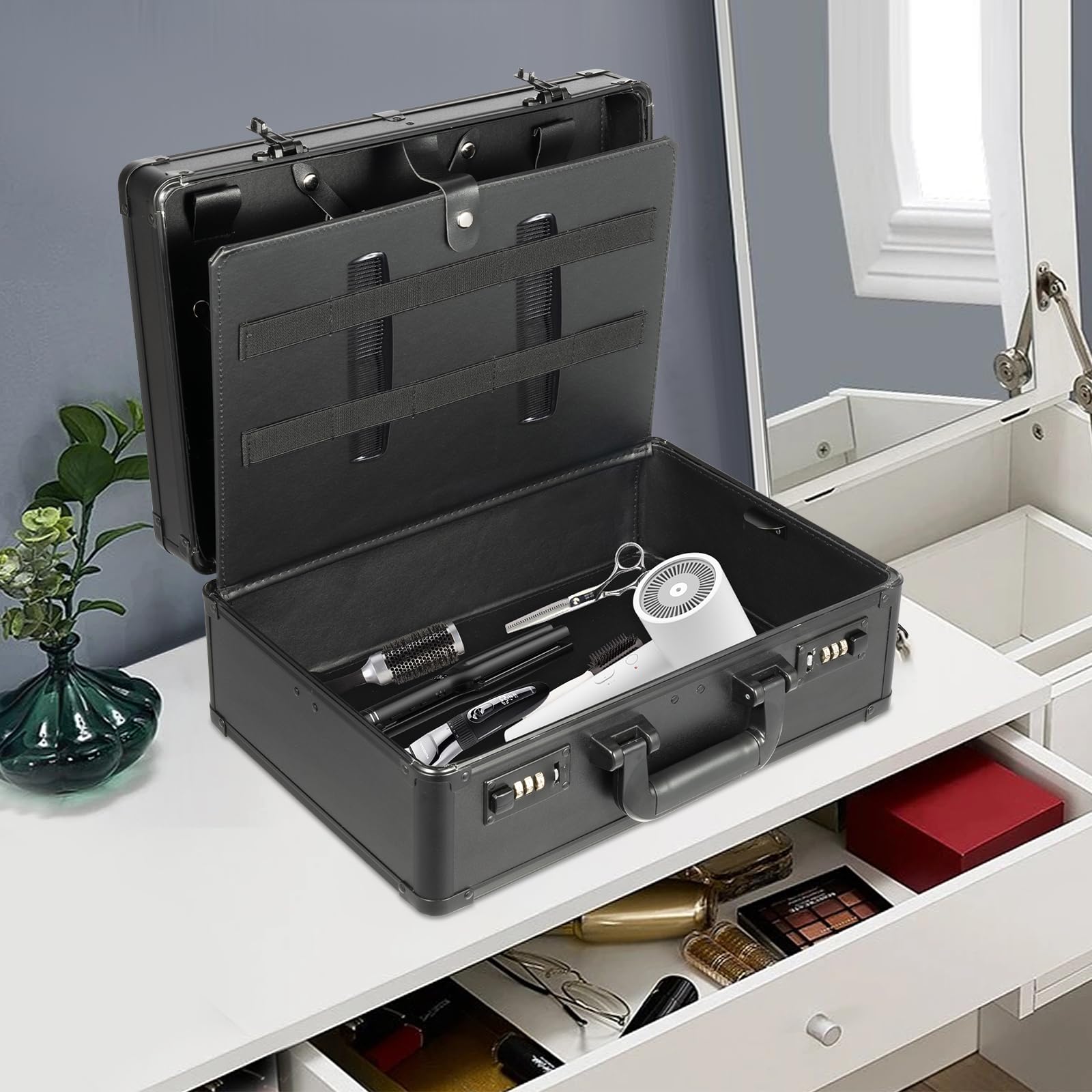 Kosmetikkoffer, Aufbewahrungskoffer, Make-up-Koffer, professionell, Organizer für Beauty-Werkzeuge, große Kapazität, Sicherheit mit Kombination, tragbar für Reisen, Wohnzimmer und Haus, Schwarz