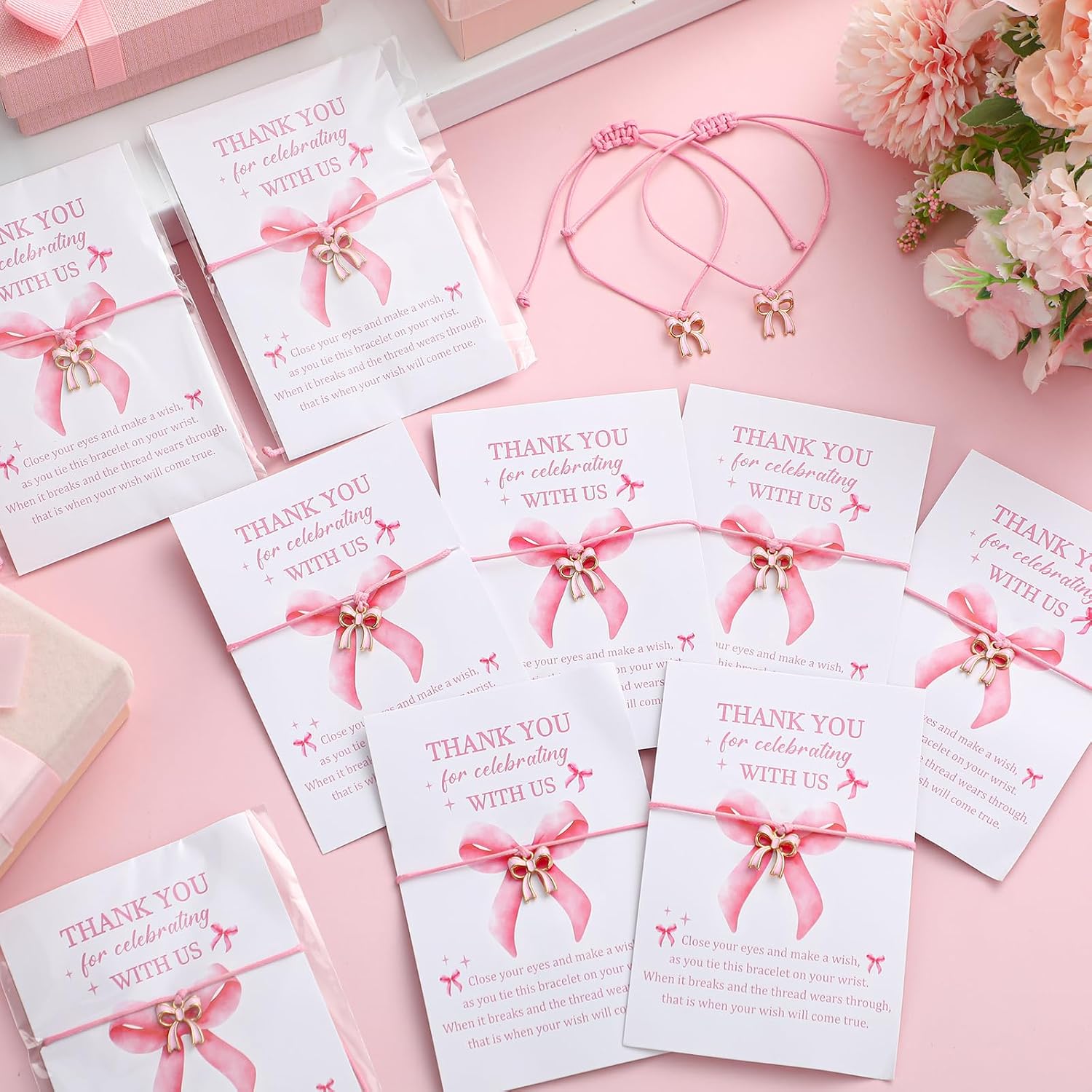 Quelay 50 Sets Coquette Bow Bracelets Gift Bulk Adjustable Braided String Rope Bracelets Gifts with Thank You Card for Cheer Dance Team Friends Coquette Birthday Party