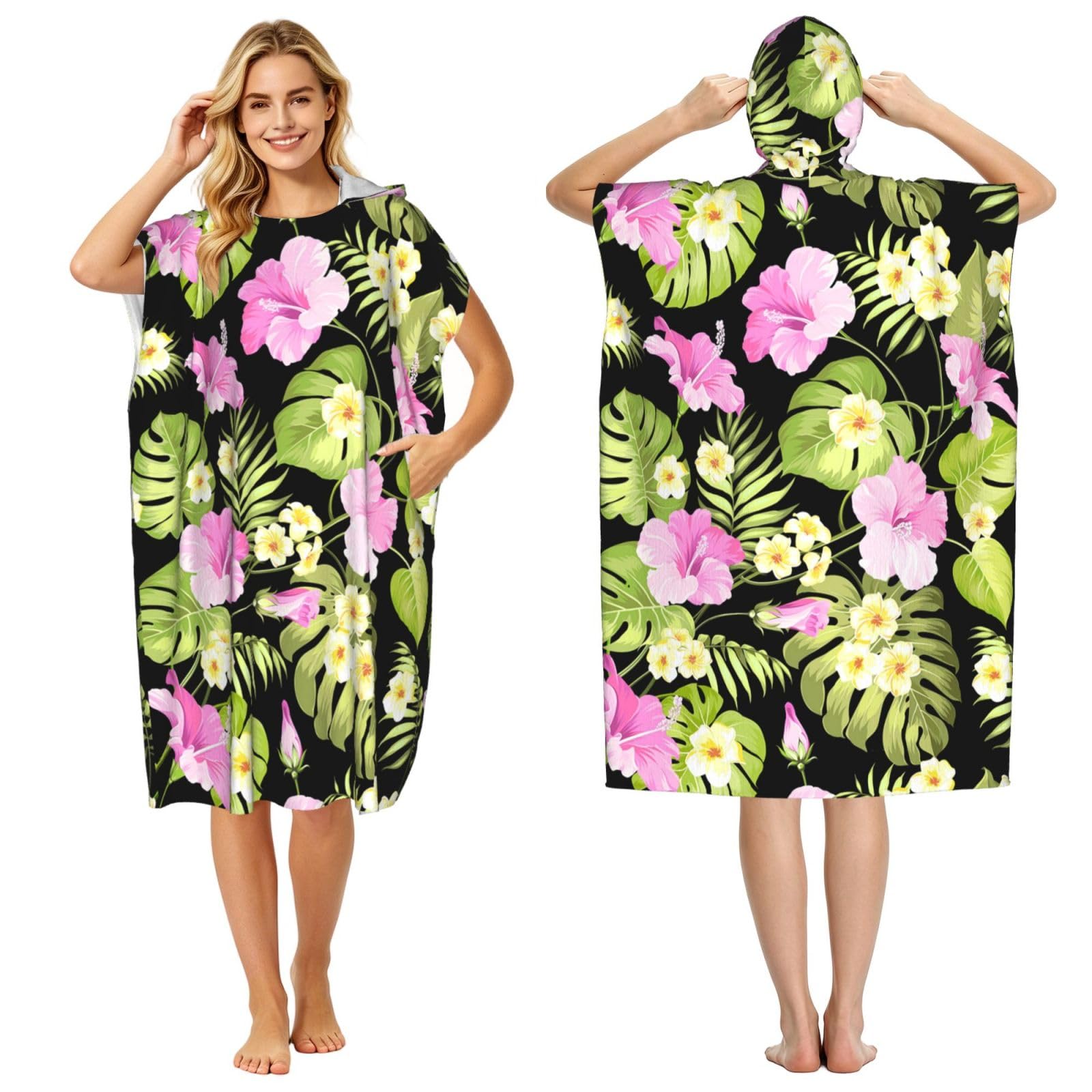 Poadnly Tropical Pink Flowers And Jungle Palms, Adult Hooded Beach Towel 90 x 110 cm,Changing Bath Robe, Surf Poncho Towel For Women Men