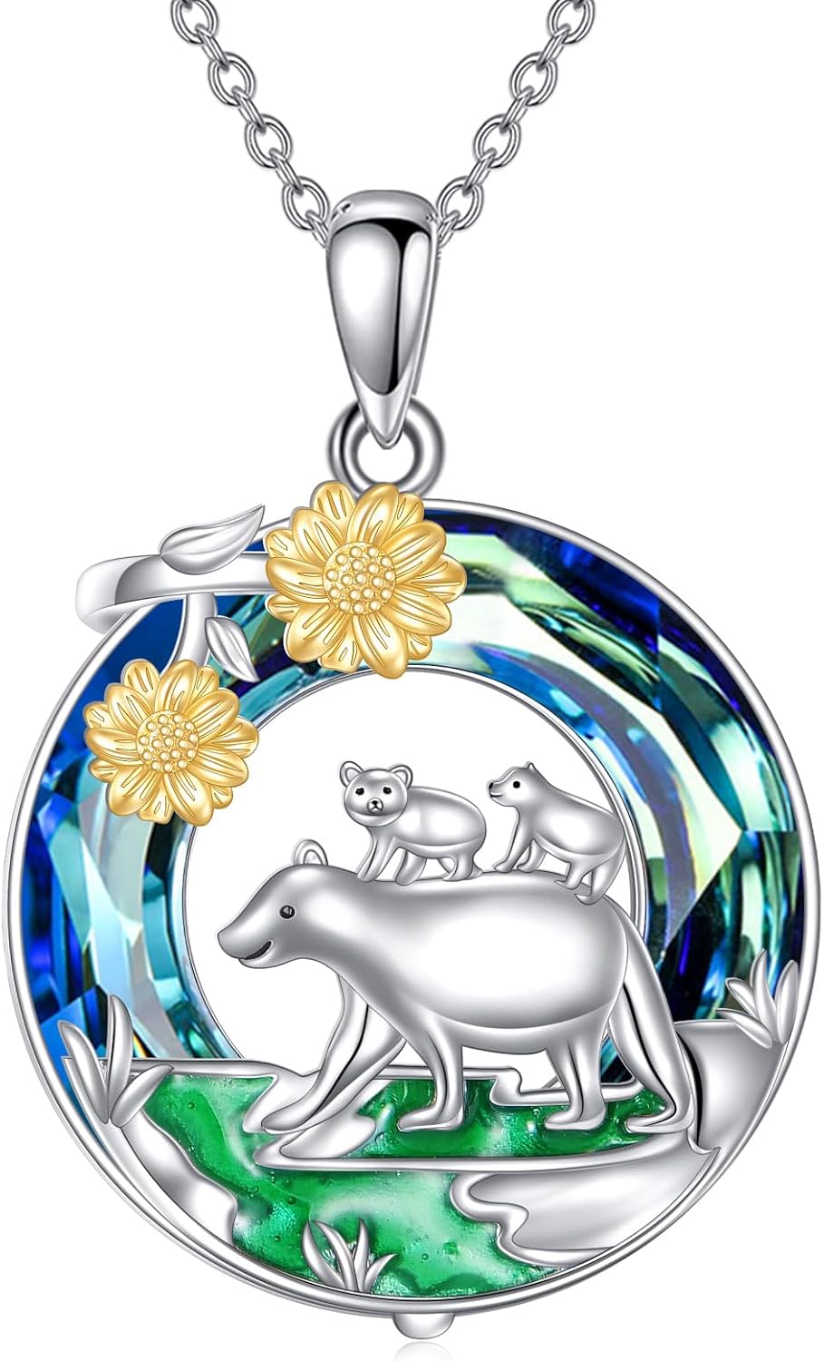 TOUPOP Sterling Silver Mama Bear 2-4 Cubs Family Jewelry for Women with Sunflower Gifts for Mother Daughter Birthday Mothers Day Gifts, 18+2 Chain