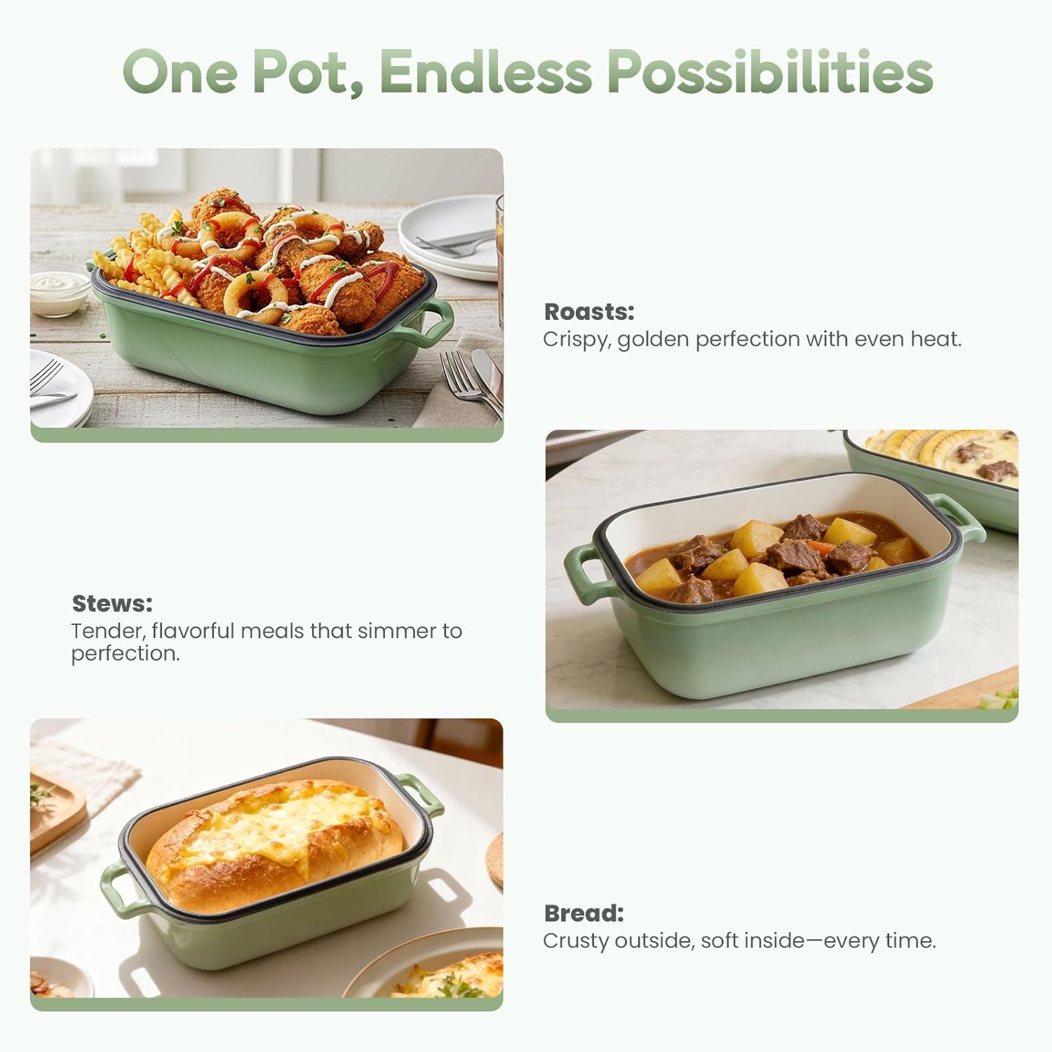 Enameled Cast Iron Dutch Oven Pot with Lid, Dutch Oven for Sourdough Bread Baking, 10×6 Bread Loaf Pans with Lid for Homemade Bread, Cake, Meatloaf, Oven & Induction Safe (Green, 3.84 QT)