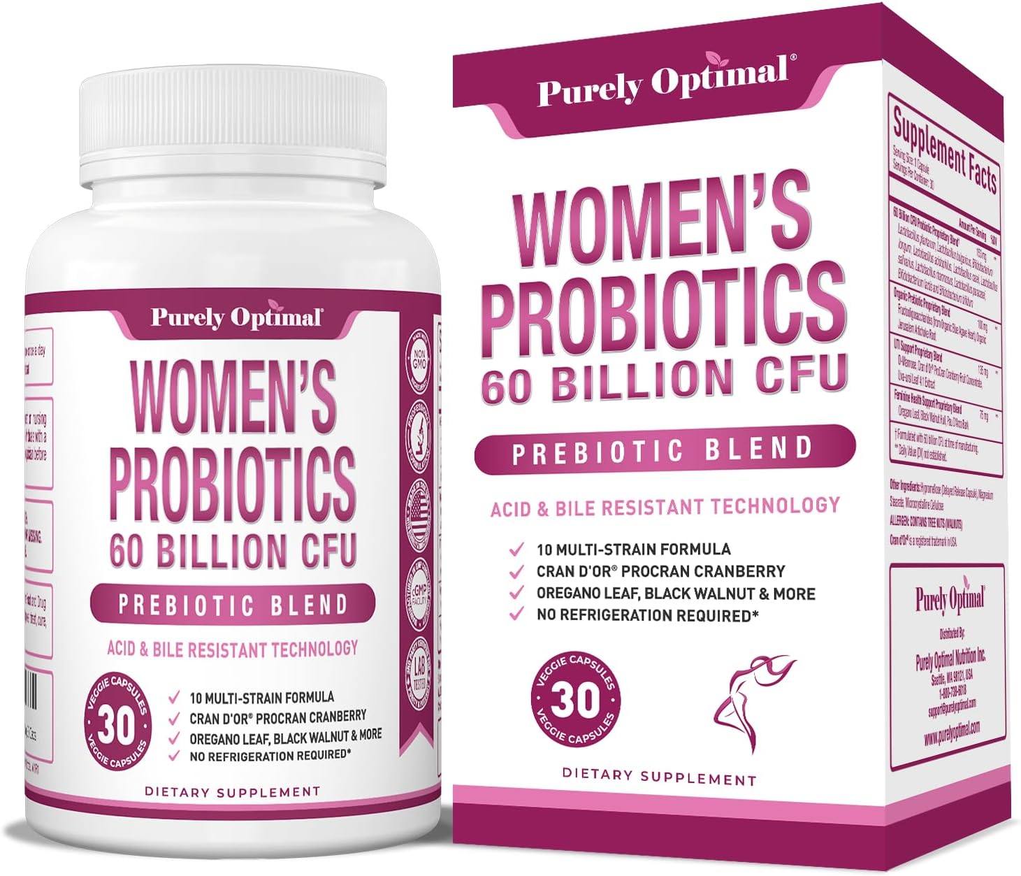 Purely Optimal Premium Probiotics for Women - 60 Billion CFU, Dr. Formulated Prebiotics & Probiotics for Women, D-Mannose, ProCran - Digestive, Immune & l Health Supplement - Shelf Stable, 30 Caps
