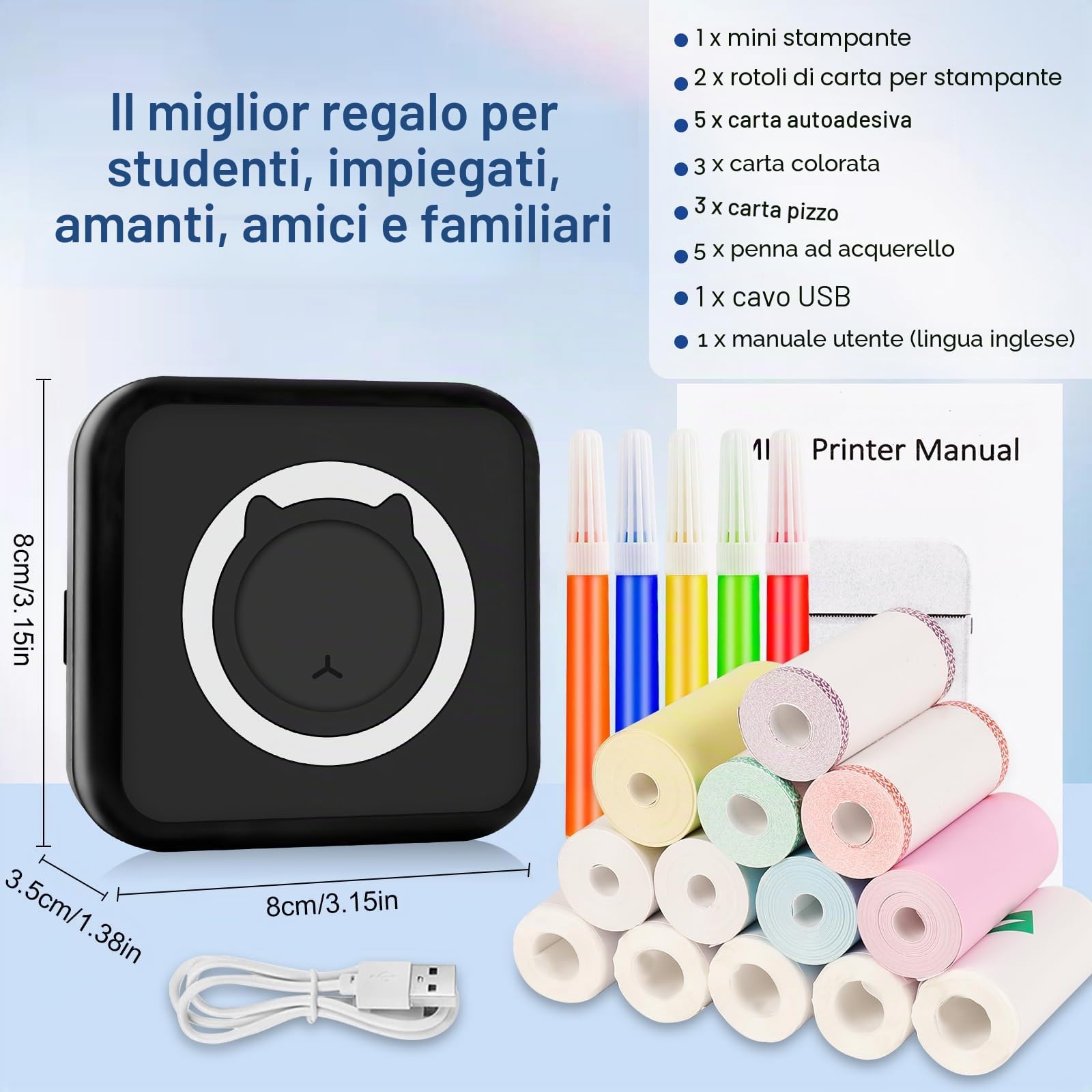 Mini Stampante Fotografica Termica Portatile Bluetooth con Ricarica USB, Stampante Istantanea (Nero)