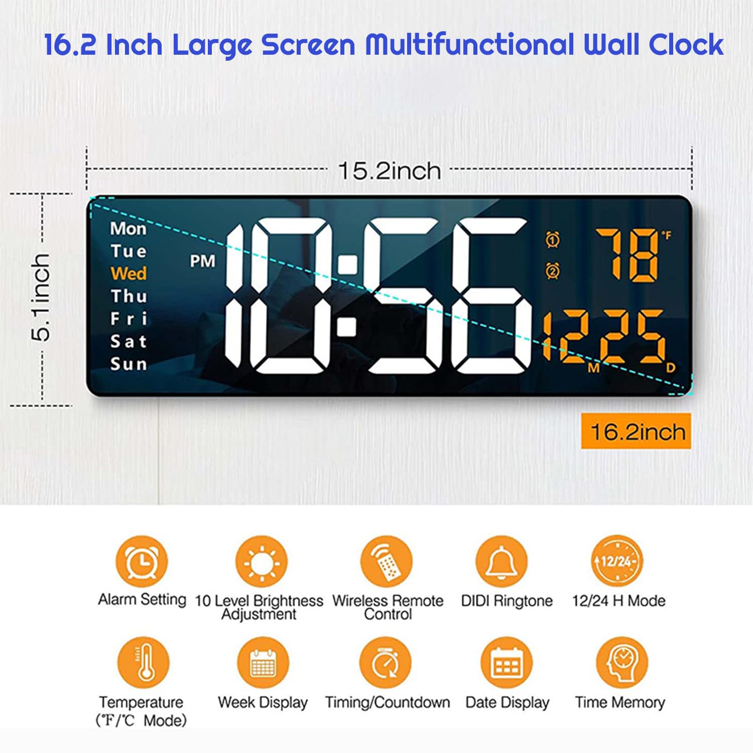TriLine LED Large Digital Wall Clock for Living Room Bedroom with Remote Control, 16 Inch LED Desk Clock Temperature, Date - Image 3