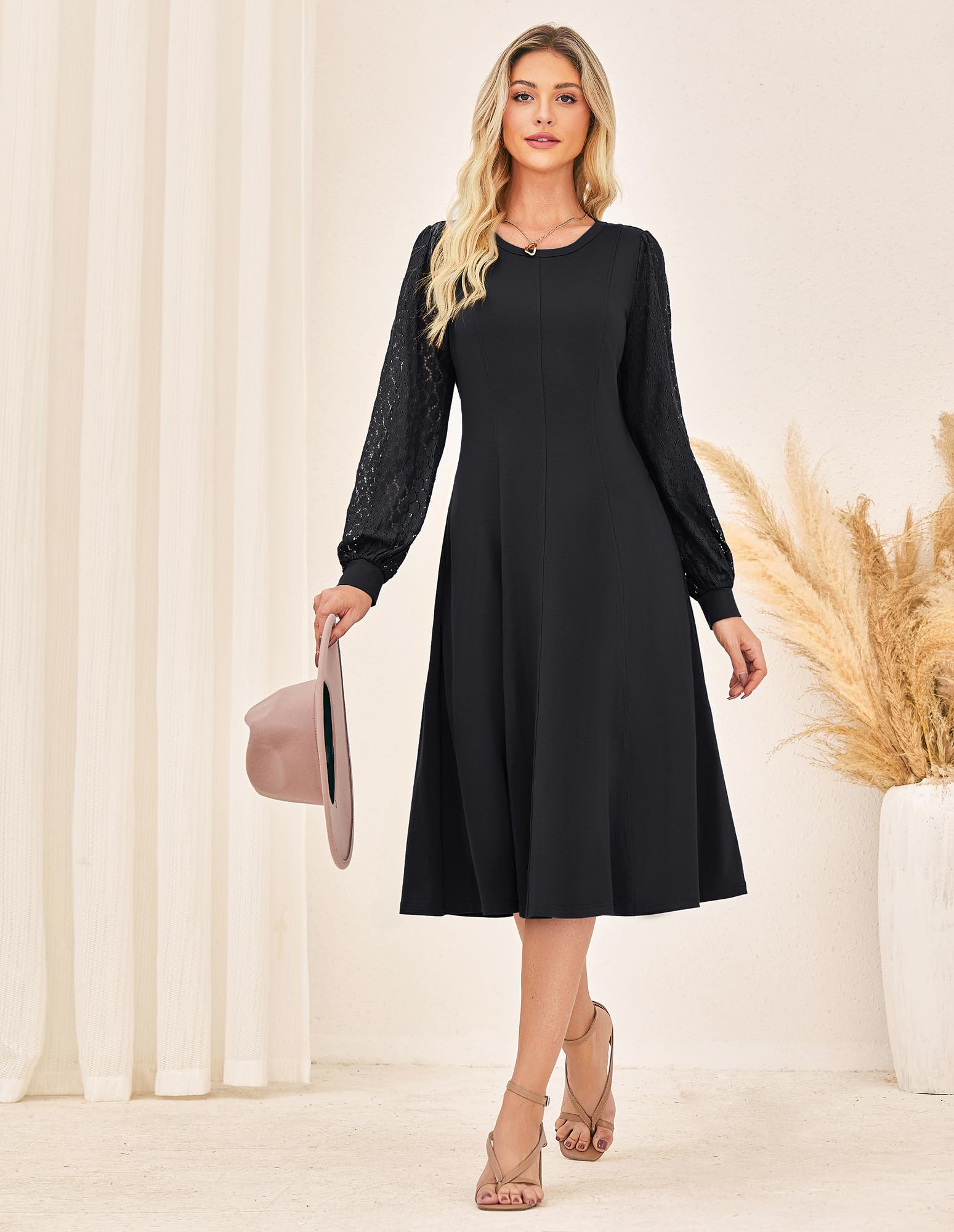 GRACE KARIN Damen Elegante Langarm Midikleider Baumwolle A-Linie Cocktailkleid Vintage Einfarbiges Tailliertes Kleider