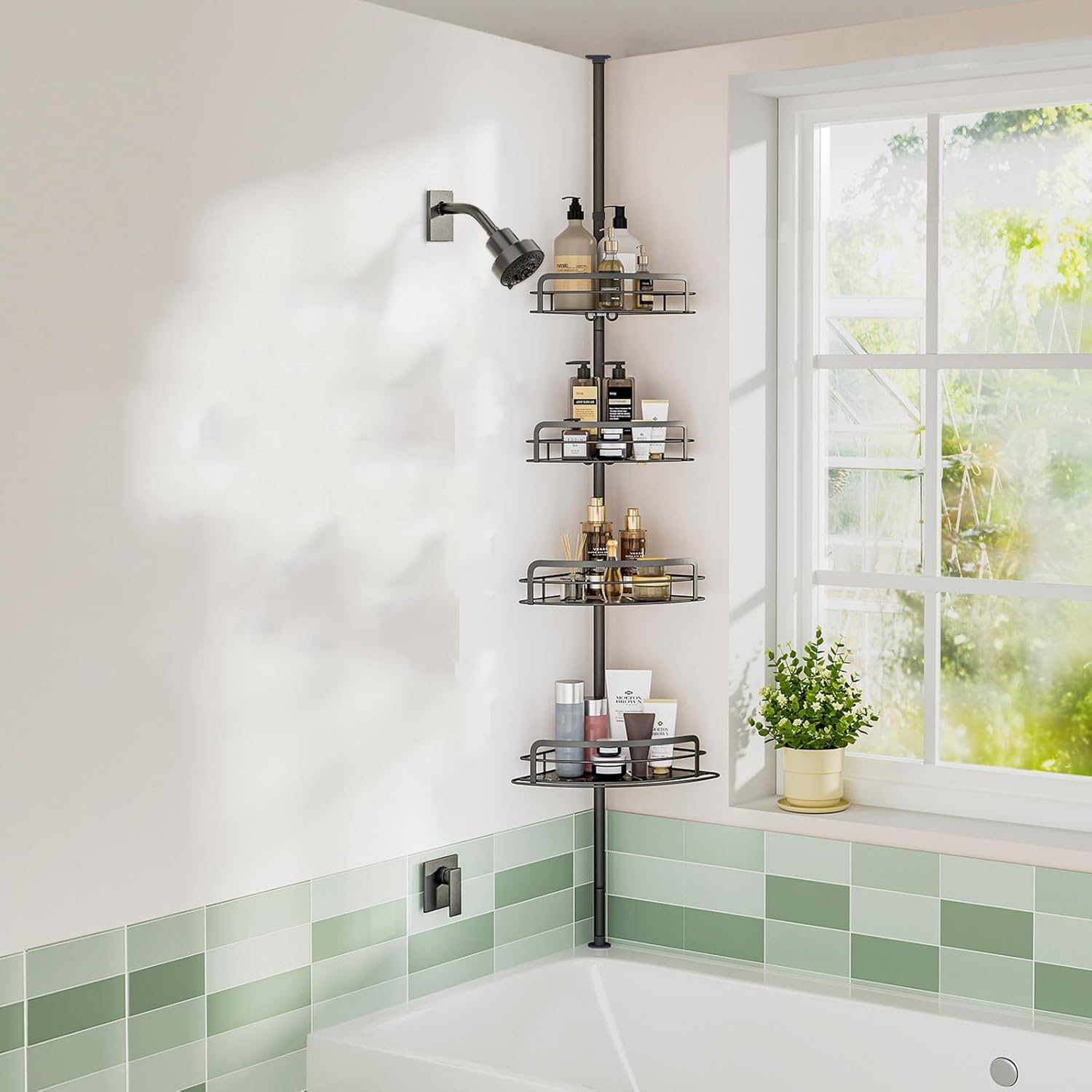 4段シャワーキャディコーナー バスルーム用 金属製調節可能な棚 突っ張りポール付き フロアスタンディングバスラックホルダー フック2