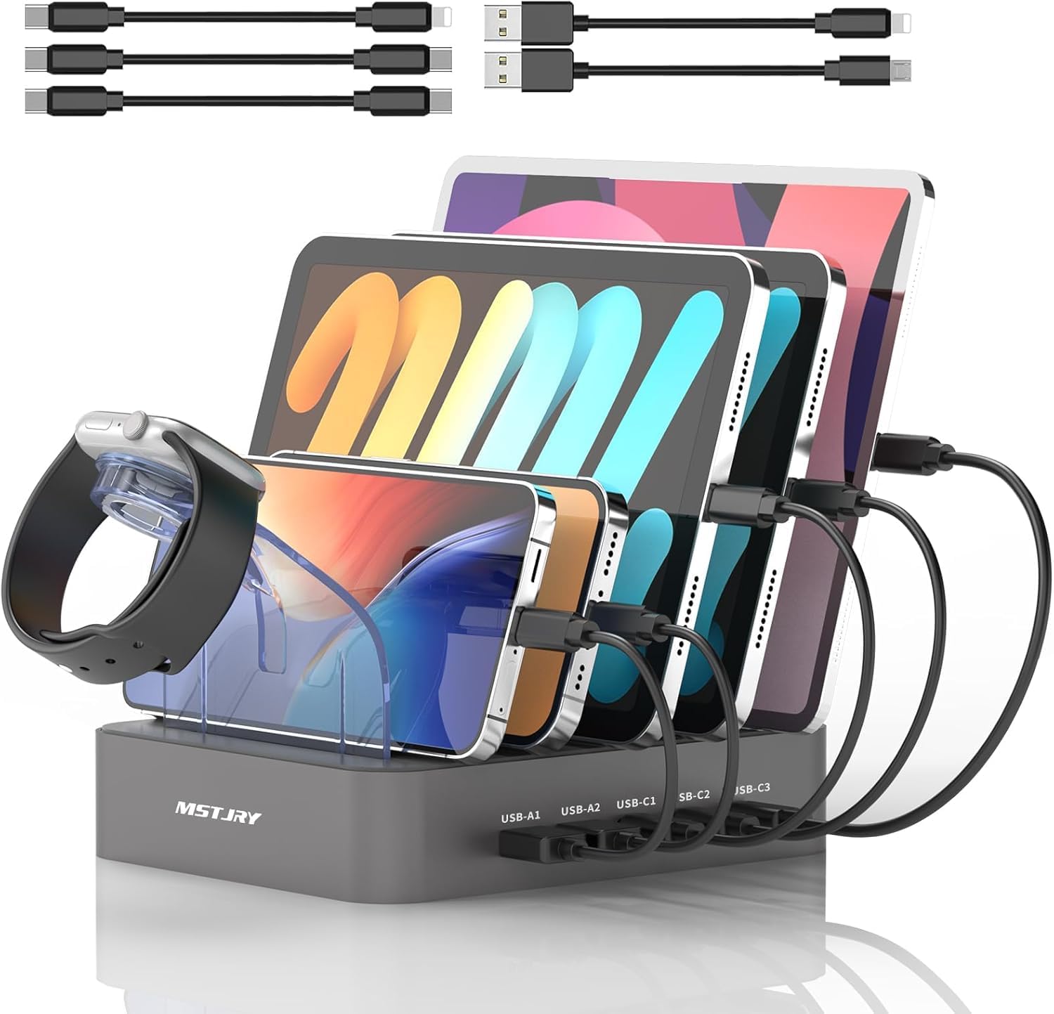 MSTJRY USB C Charging Station for Multiple Devices, for Apple ipad iPhone Airpod Series, for Android Cell Phones and Tablets, Total 90W 5 Port Charger Station C1/C2/C3 Each 20W Fast Charging