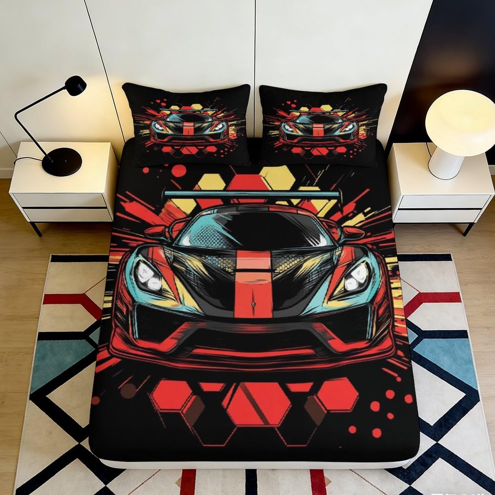 Jxqhbvmg Style-4 3D Printed Racing Car Fitted Sheet Microfiber Deep Pocket Bedroom Bedding Set Full Wrap Racing Car Mattress Fitted Cover Non-Slip Washable 90X200x25cm