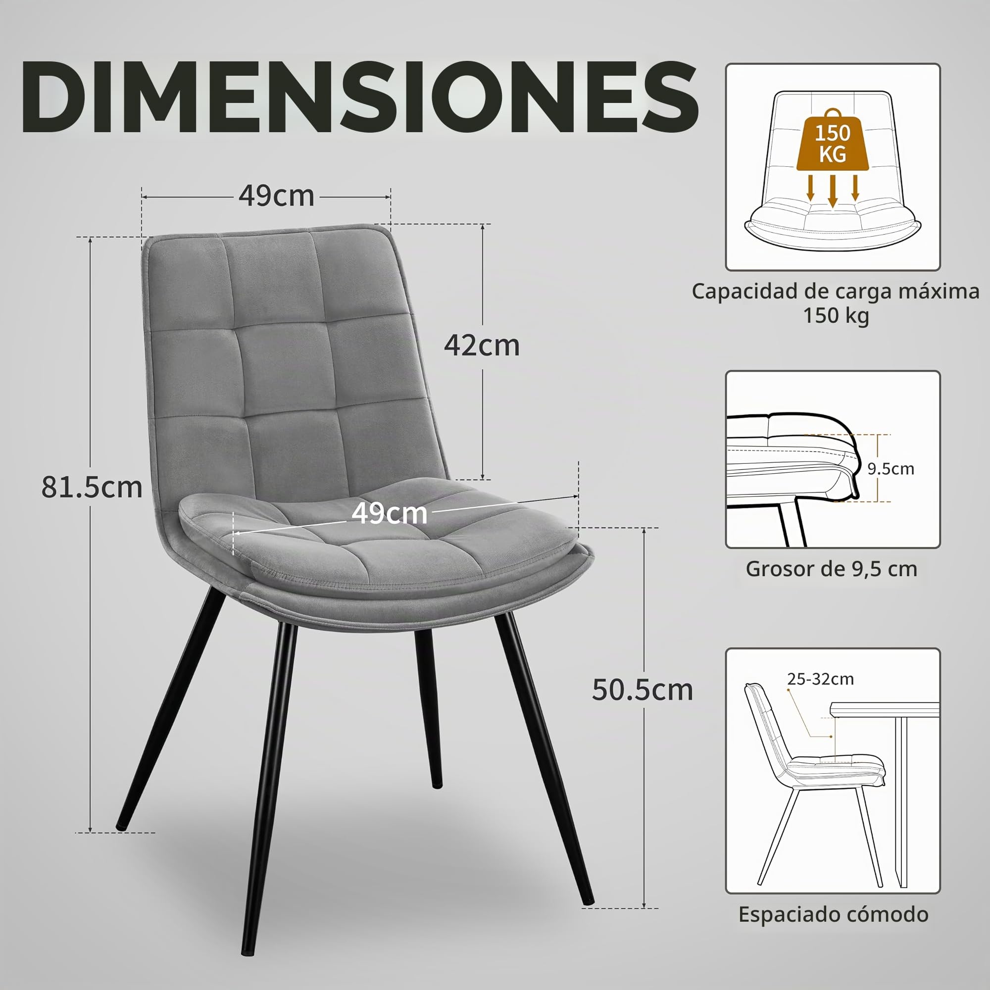 STOOLINK Juego de 2 Sillas de Comedor, Silla de Comedor de Terciopelo, Silla de Cocina Moderna sin Reposabrazos, Silla de Tapizadas Diseño de Tablero de Ajedrez para Cocina, Salón - Gris