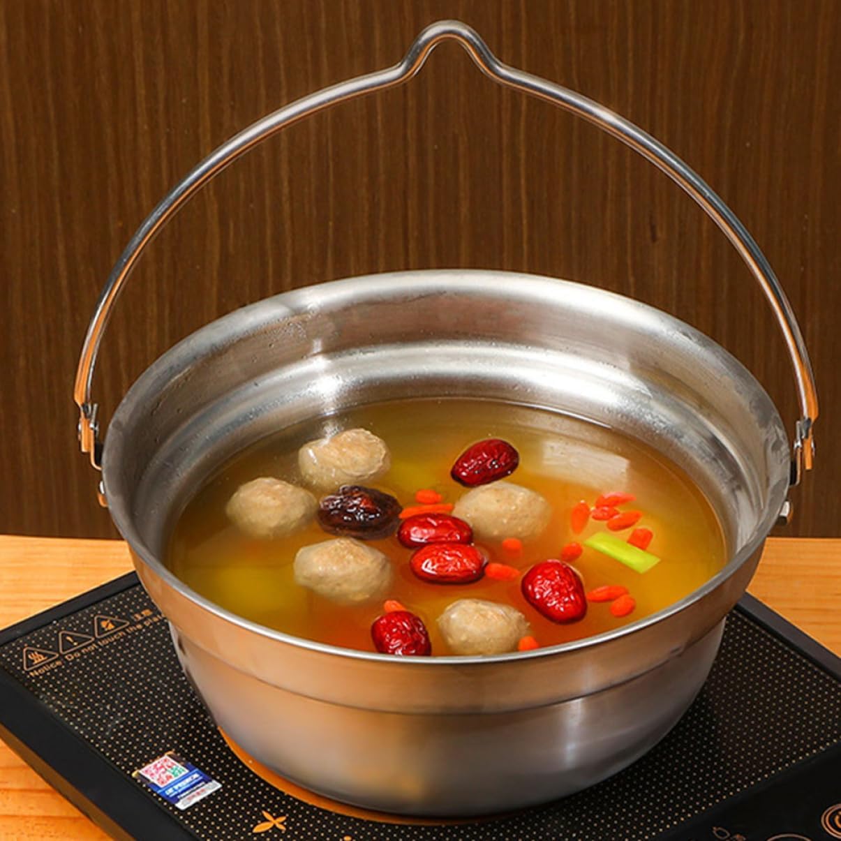 1set Stainless Steel Camping Soup Pot Multi-use Cooking Boiler Hanging Handle for Outdoor Activities Heat Resistant Easy to Clean for Picnics and Hiking