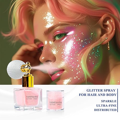 Vista 3 de Spray de purpurina corporal, spray de purpurina rosa luminosa para cabello y cuerpo, incluye 1 tarro de recambios Rosa luminoso + 1 botella