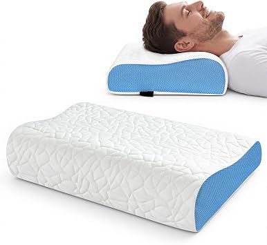 PKBD Memory Foam Pillow, Dual Height Ergonomic Pillow, White-Blue | Comfortable Cervical Orthopedic Pillow Relieves Neck& Shoulder Pain, Deep Sleep Neck Support for Back, Stomac& Side Sleeper