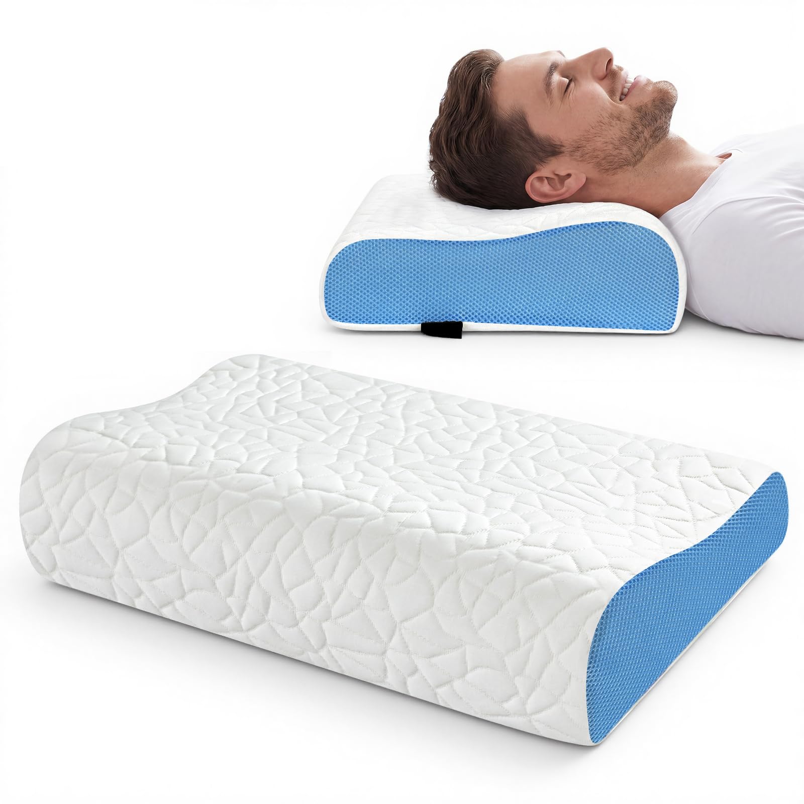 PKBD Memory Foam Pillow, Dual Height Ergonomic Pillow, White-Blue