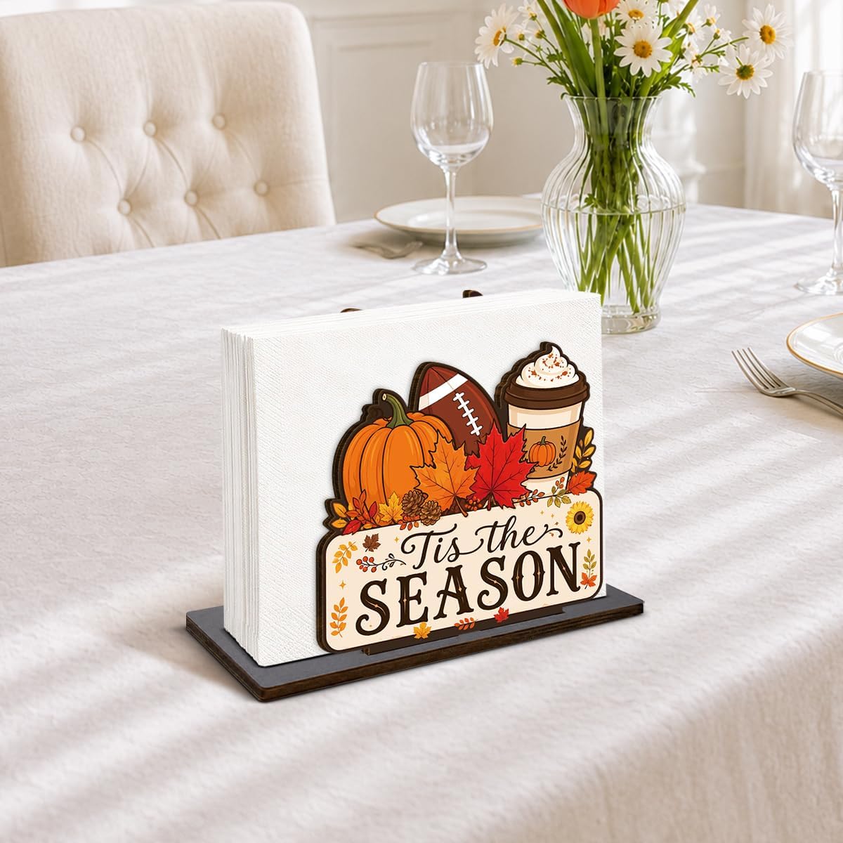 Fall Tis The Season Autumn Wooden Napkin Holder for Table, Fall Decor