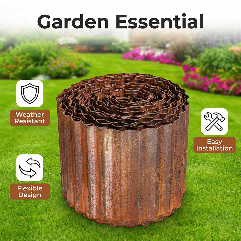 Bordure Corten Jardin Exterieur 12 m, Bordure de Jardin Metal Hauteur 15 cm, Bordure Jardin Exterieur Metal Rouille, Bordure de Gazon Ondulée en Rouille