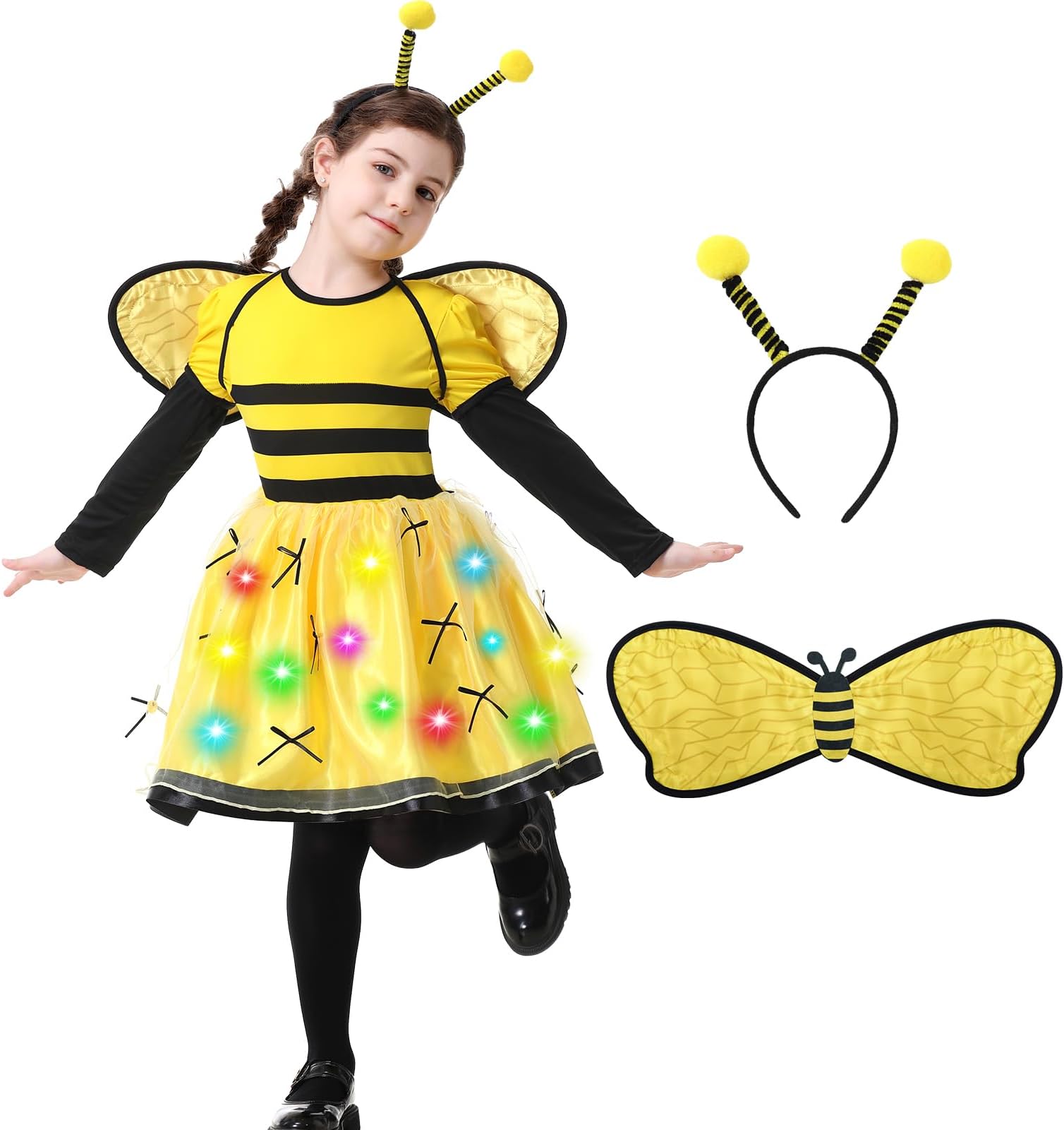 Resiwai Girls Light up Butterfly Costume, Kids Bumble Bee Costume, Toddlers Ladybug Dress Costume, Halloween Outfit for 4-12Y