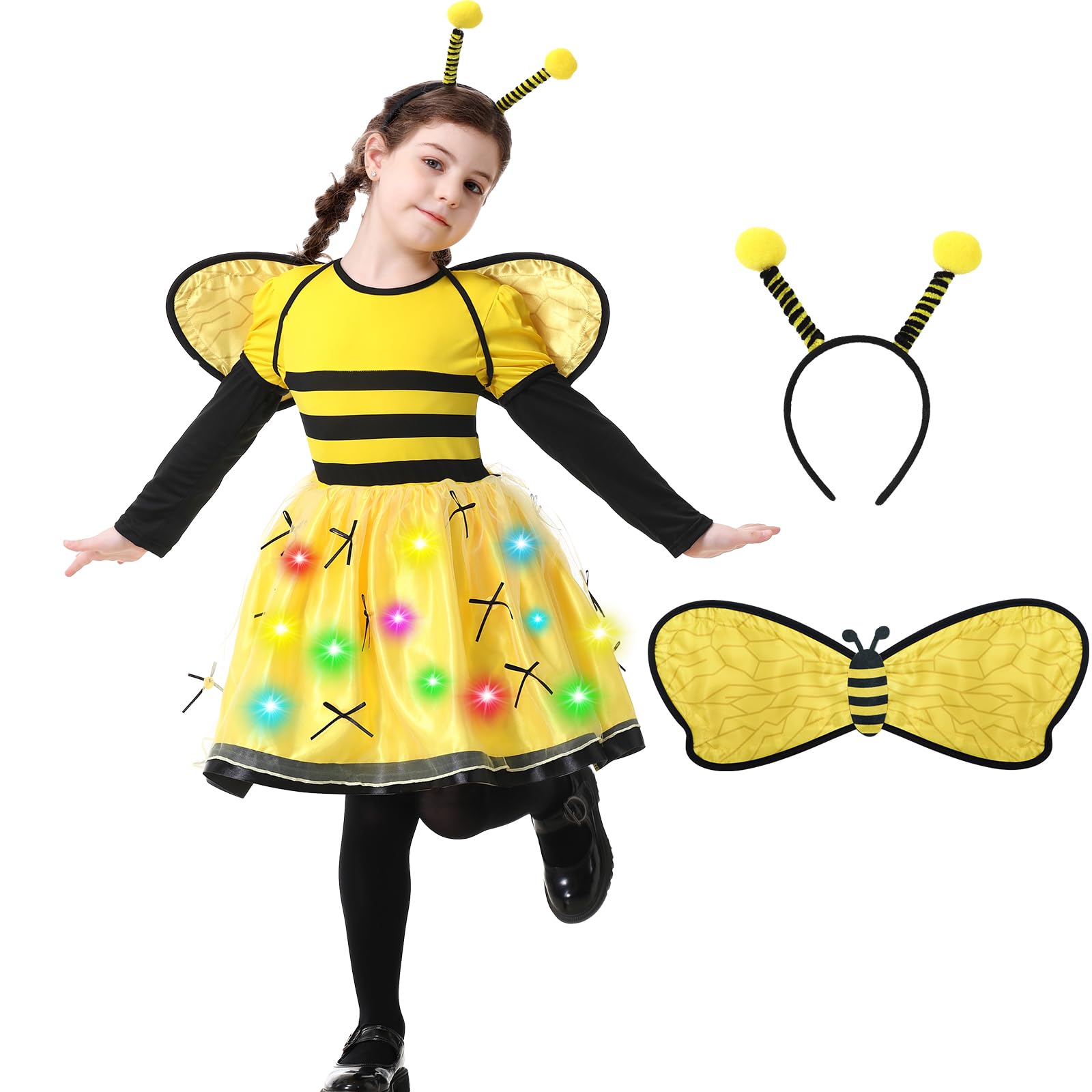 Resiwai Girls Light up Butterfly Costume, Kids Bumble Bee Costume, Toddlers Ladybug Dress Costume, Halloween Outfit for 4-12Y