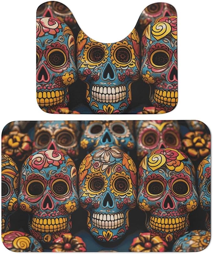 Colorful Sugar Skulls Floor Mat Set of 2 Absorbent Coral Velvet Bathroom Mat Bathroom Rugs U Shape Contour Rug Shower Mats for Bedroom Bathrooms