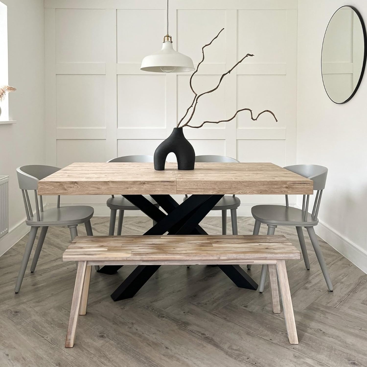 Mobili Fiver, Emma 55.11(86.6) x35.4 in Extendable Table, Oak with Black Crossed Legs, for 6-10 People, Expandable Dining Table for Kitchen, Living Room, Italian Furniture