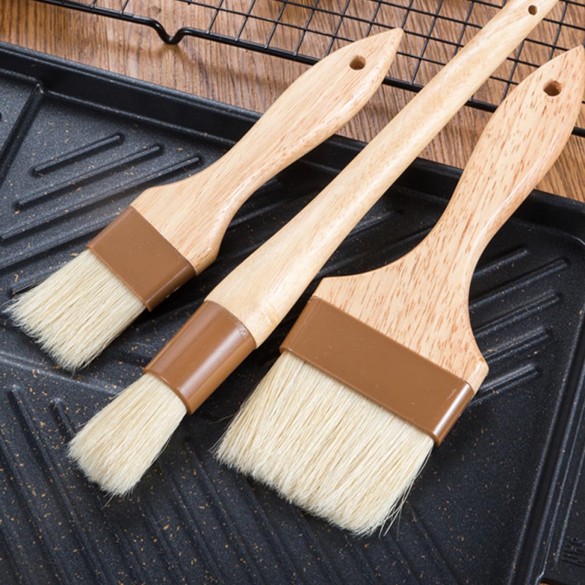 Gadpiparty 3Pcs Basting Brush Set with Natural Bristles and Beech Wood Handles for Baking, Bbq Grilling, and Pastry Cooking – Medium, Extra Large, and Round Brushes for Oil and Sauce