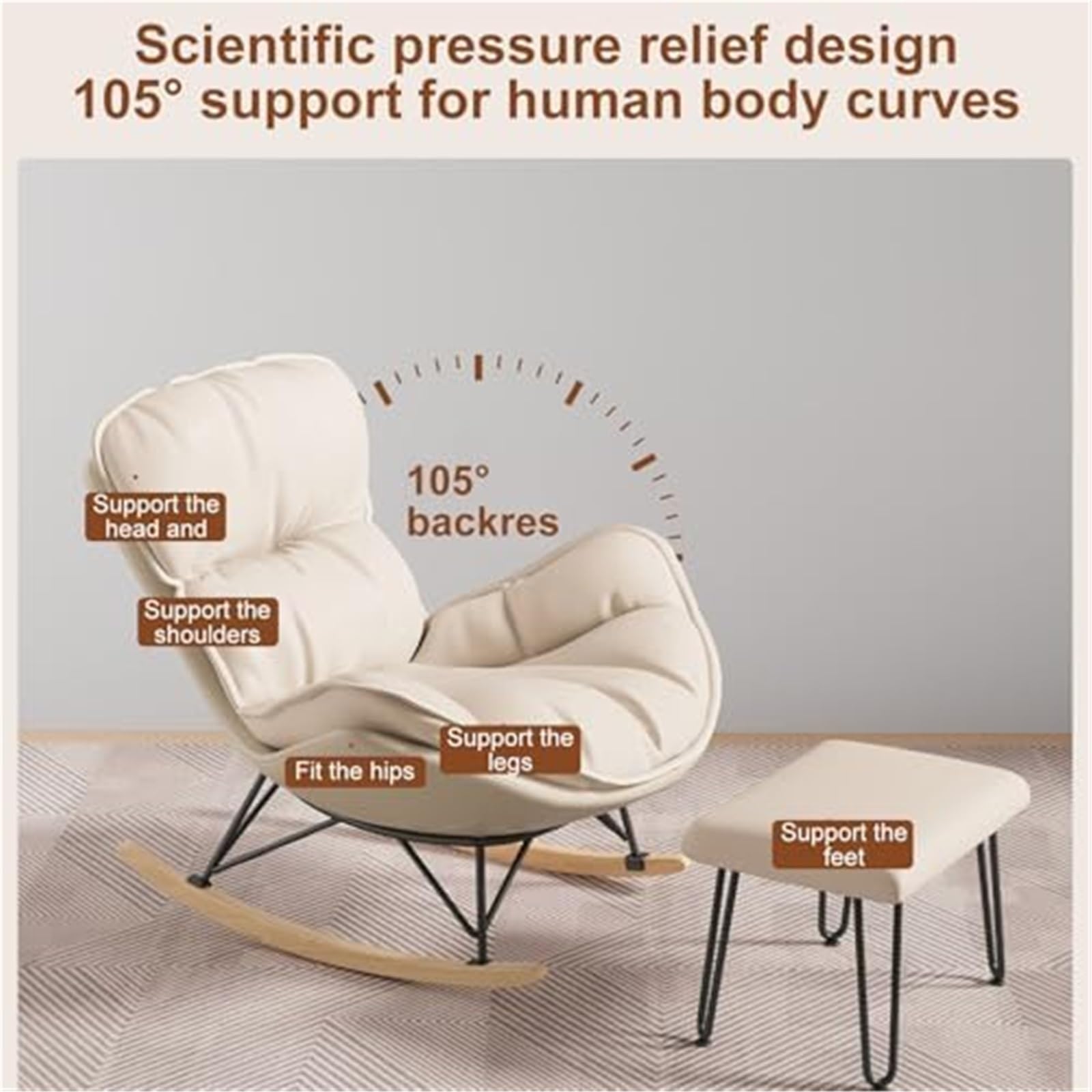 Schaukelstuhl für den Innenbereich mit Fußstütze, Mid-Century Modern, gepolsterter Schaukelstuhl für Wohnzimmer, Schlafzimmer (Orange)