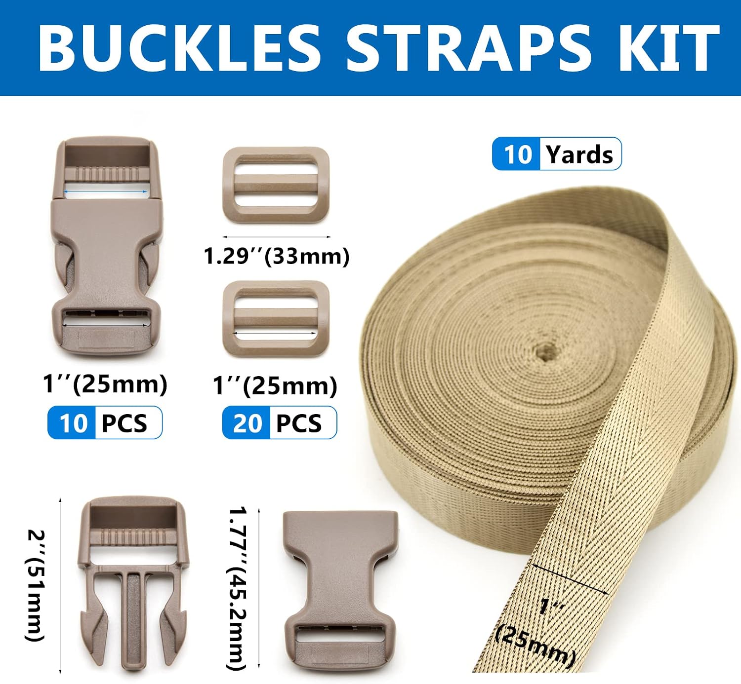 1 inch Buckles Straps Set with 10 Yards Nylon Webbing Strap,10 pcs Quick Side Release Plastic Buckle, 20 pcs Tri-glide Slide Clip for Luggage Strap, Backpack