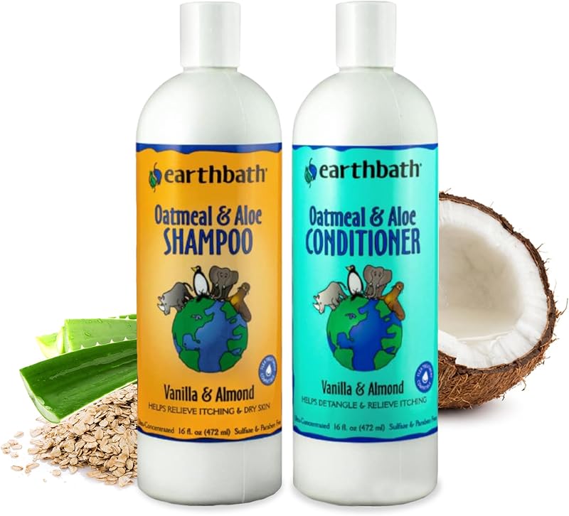 Oatmeal & Aloe Dog Shampoo and Conditioner - Oatmeal Shampoo for Dogs, Itchy, Dry Skin Relief, Dog Wash, Made in USA, Dog Conditioner, Pet Shampoos - Vanilla & Almond, 16 Oz (1 Set)