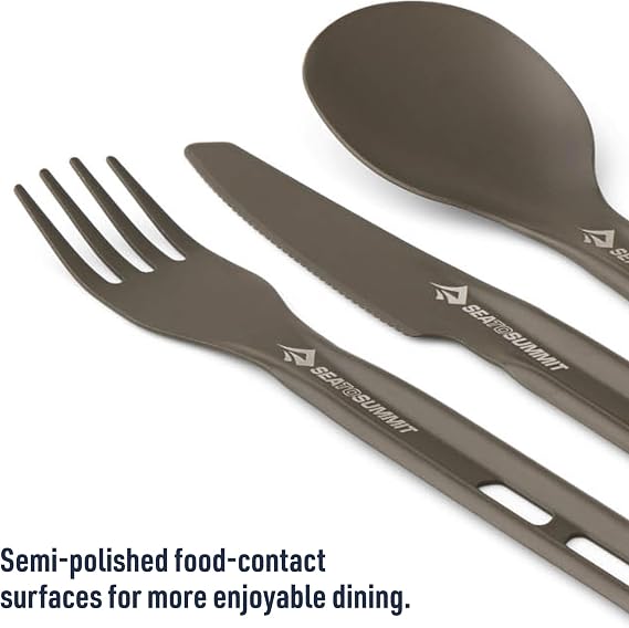 SEA TO SUMMIT - Frontier Ultralight Cutlery Set - 1 Person, 3 Piece - 1 Camping Fork, Spoon & Knife + Carabiner - Lightweight - Hard Anodised Aluminium Camping Dinnerware - Smooth Matte Finish - 26g