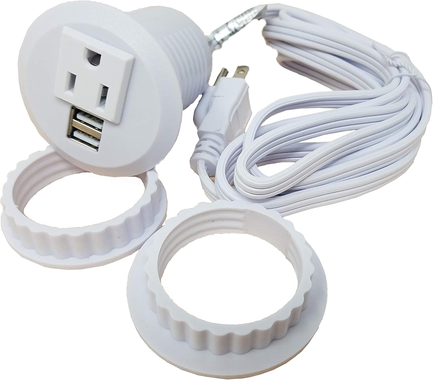 Desktop Power Grommet Outlet Data Center, 2" or 3" Hole No Drilling Required, 1 Outlet W/ 2 USB Ports (WHITE- 2" (No Drilling Required- 6ft Power Cord))