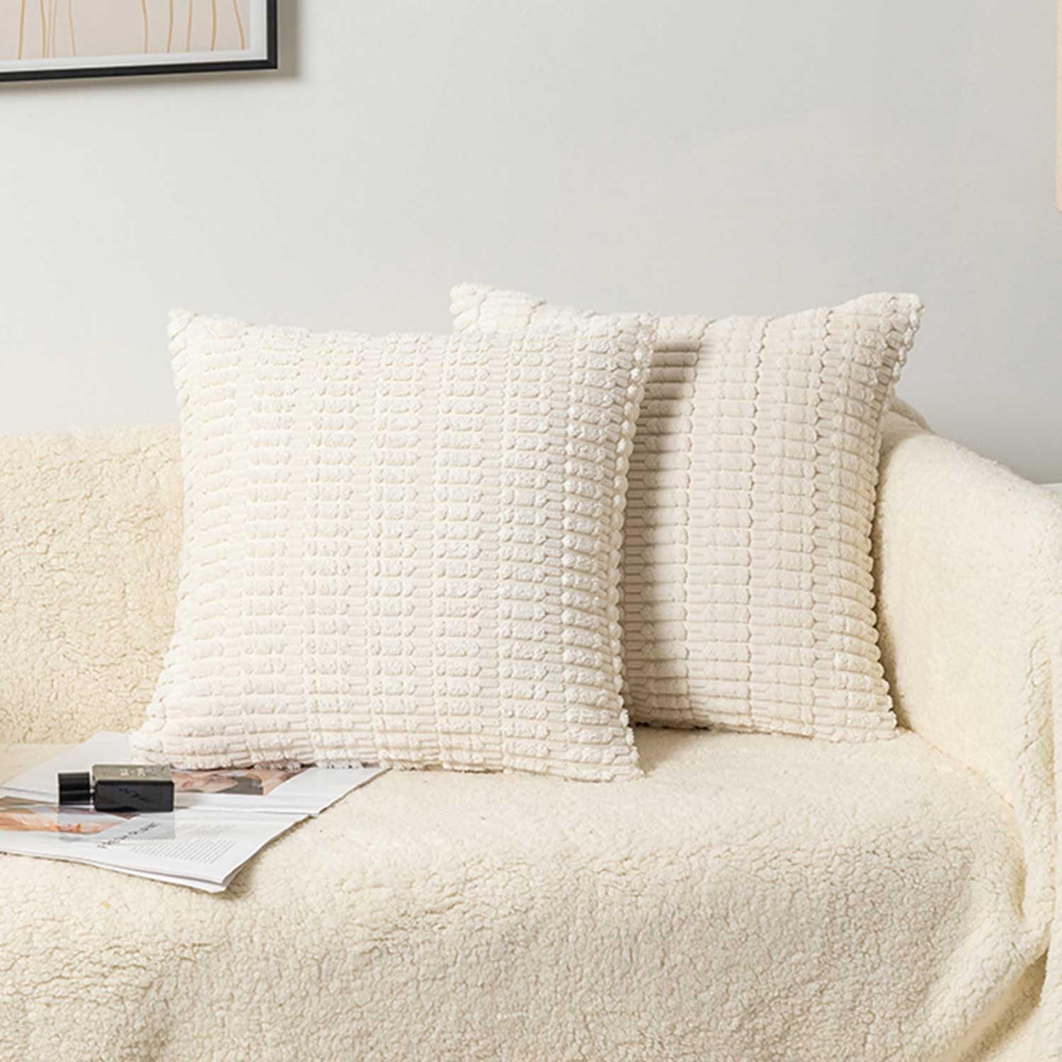SHENGRUI Cream Cushion Covers 45cm x 45cm,Corduroy Decorative Fluffy Pillows Cases,Cushions Cover 18x18 inches with Invisible Zipper for Sofa Bed Livingroom Bedroom,Pack of 2