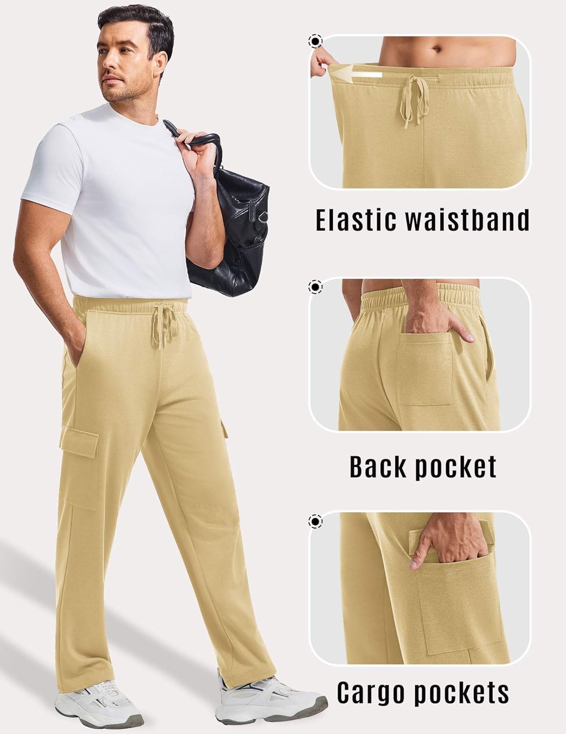 PINSPARK Men's Cargo Sweatpants with Pockets Open Bottom Baggy Cotton Jogger Sweatpants Uncuffed Lounge Pants Straight Leg - Image 4