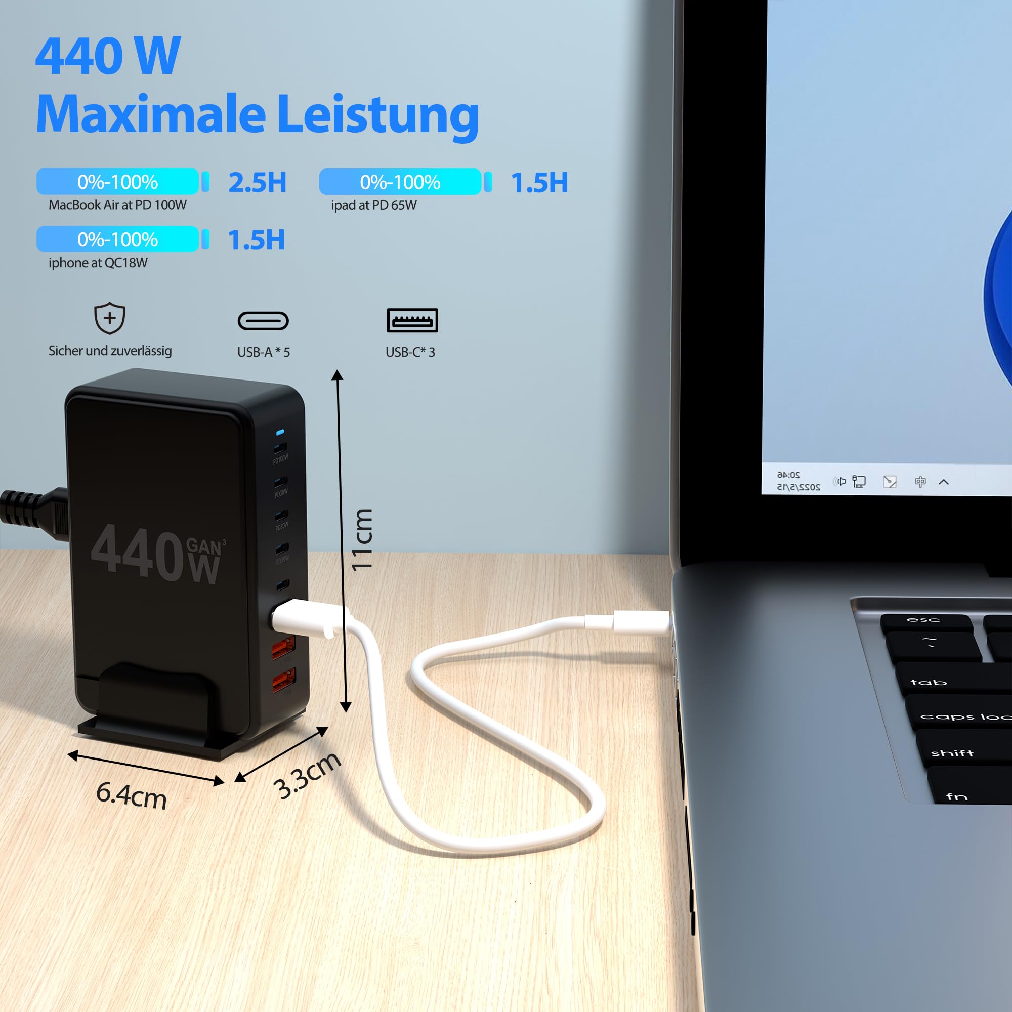 Stazione di ricarica USB C, 440 W, 8 porte, 5 USB-C, 3 USB-A, tecnologia GaN, per telefoni cellulari, laptop, tablet, cuffie