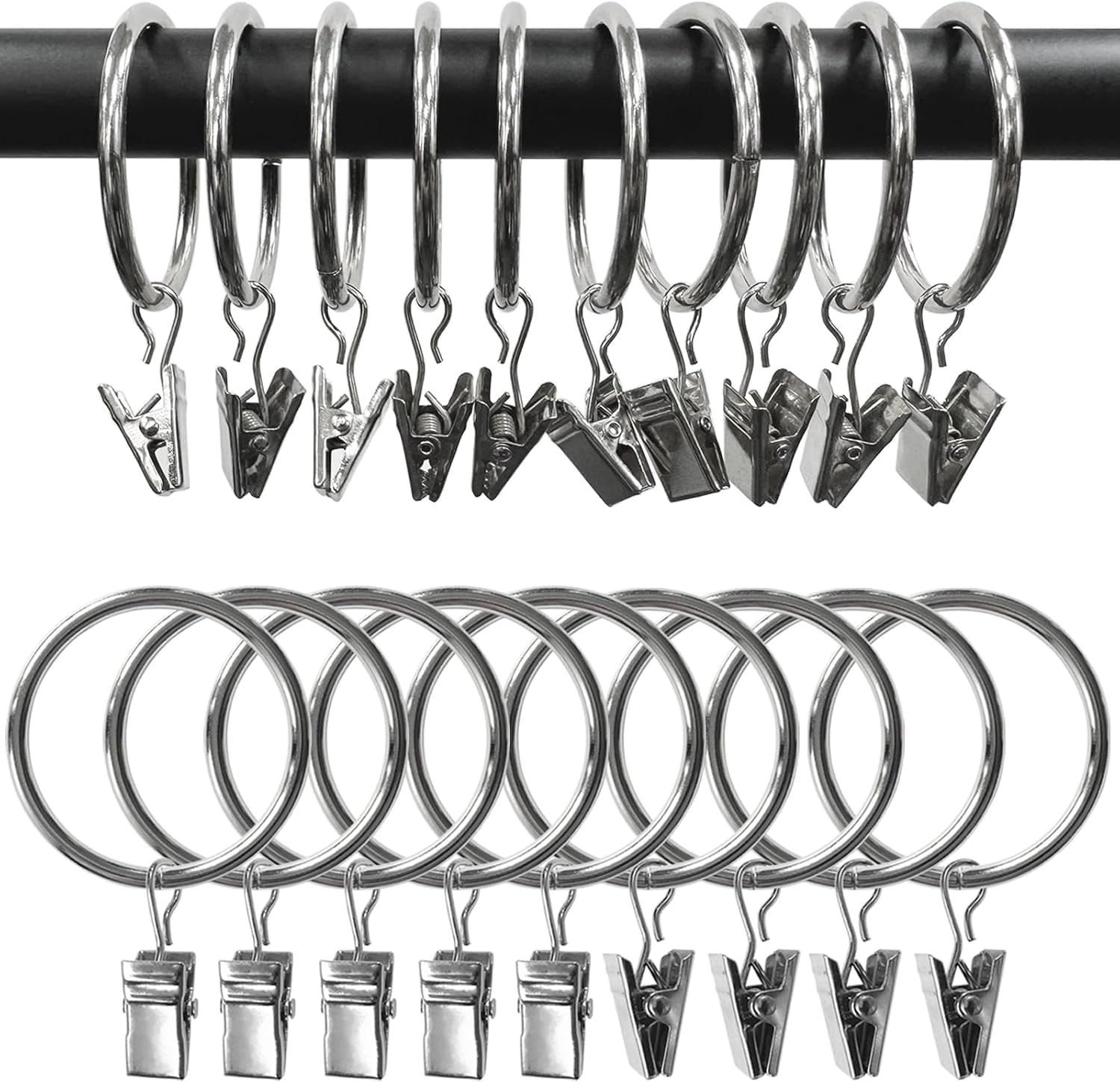 Curtain Rings with Clips, Includes Curtain Rings, Curtain Clips Fits Up to 1 in Curtain Rod (100, Silver, 1 inch)
