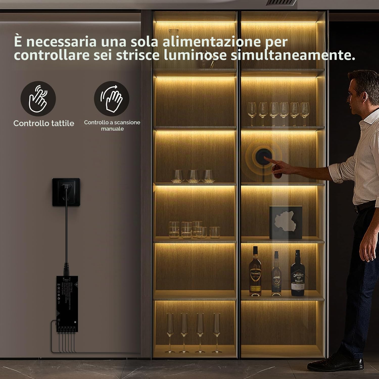 AIMENGTE Striscia LED COB 2m, 6 Rulli 12V Bianco Caldo Pannelli Acustici Tagliabili, con Dimmer Touch e Hand Sweep, per Armadietti per Vino, Scaffali, Armadi