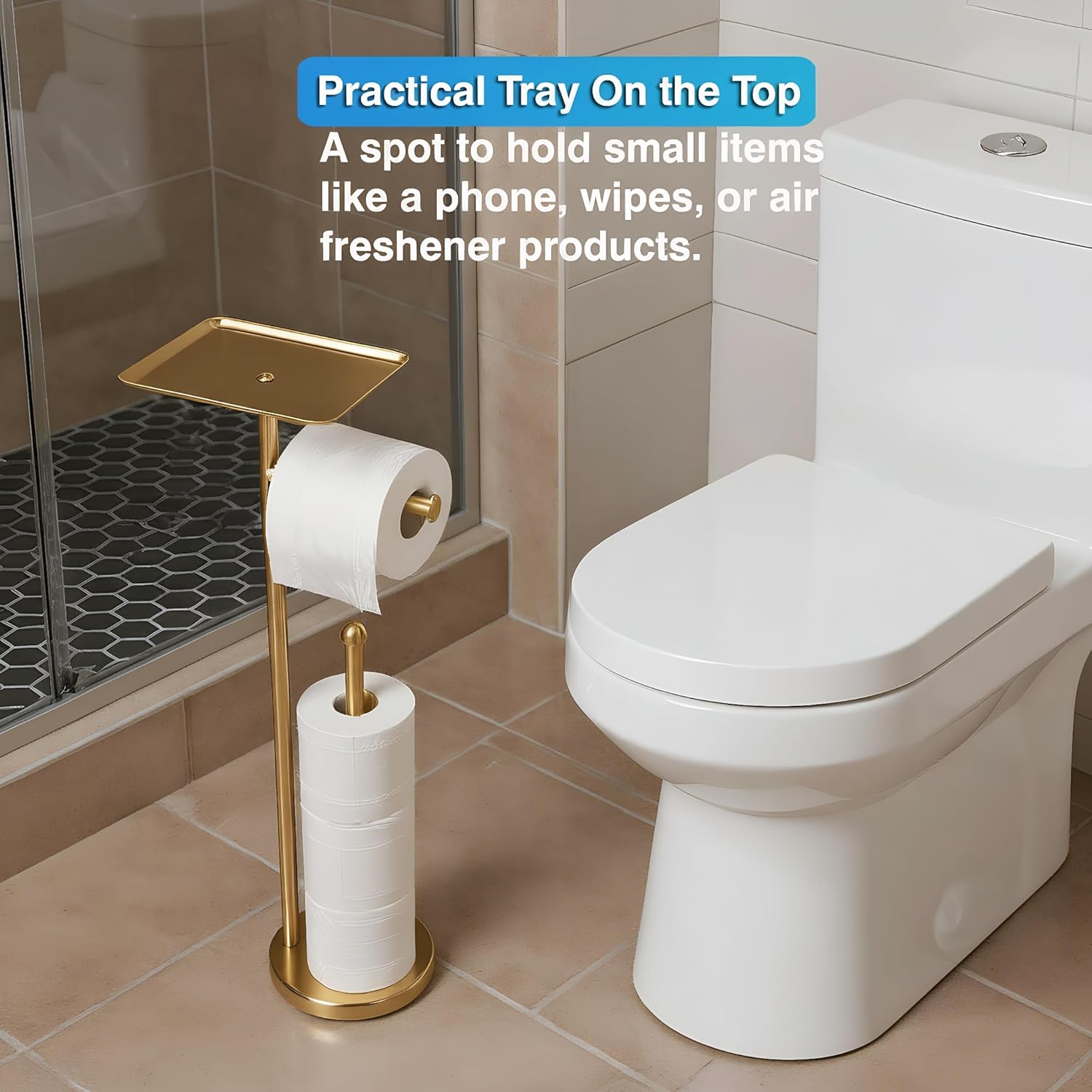 Gold Toilet Paper Holder with Shelf, Freestanding Tissue Holder Stand with Storage Space for Extra 4 Toilet Paper Rolls (Stainless Steel Base, Gold)