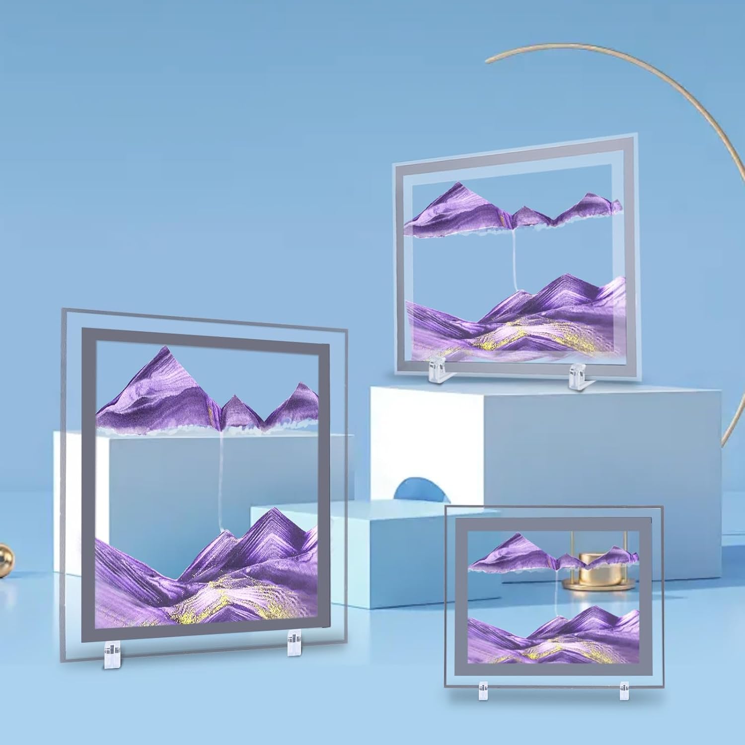 AzureLeap 3D Dynamic Sand Art Liquid Motion, Moving Sand Art Picture Square Glass 3D Deep Sea Sandscape in Motion Display Flowing Sand Frame Relaxing Desktop Home Office Work Decor (7inch-Purple)