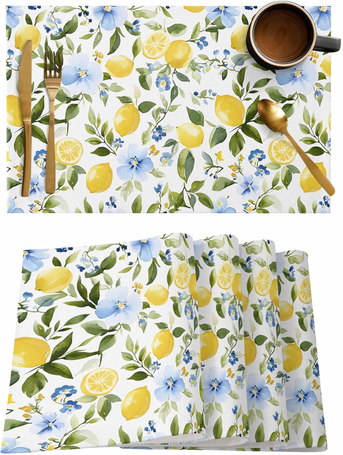 Blue Floral Lemon Placemats Set of 8 Watercolor Flowers Green Eucalyptus Leaf Washable Place Mats Non-Slip Heat Insulation Cotton Blend Table Mats for Kitchen Dining Party Decoration, 13''x19''