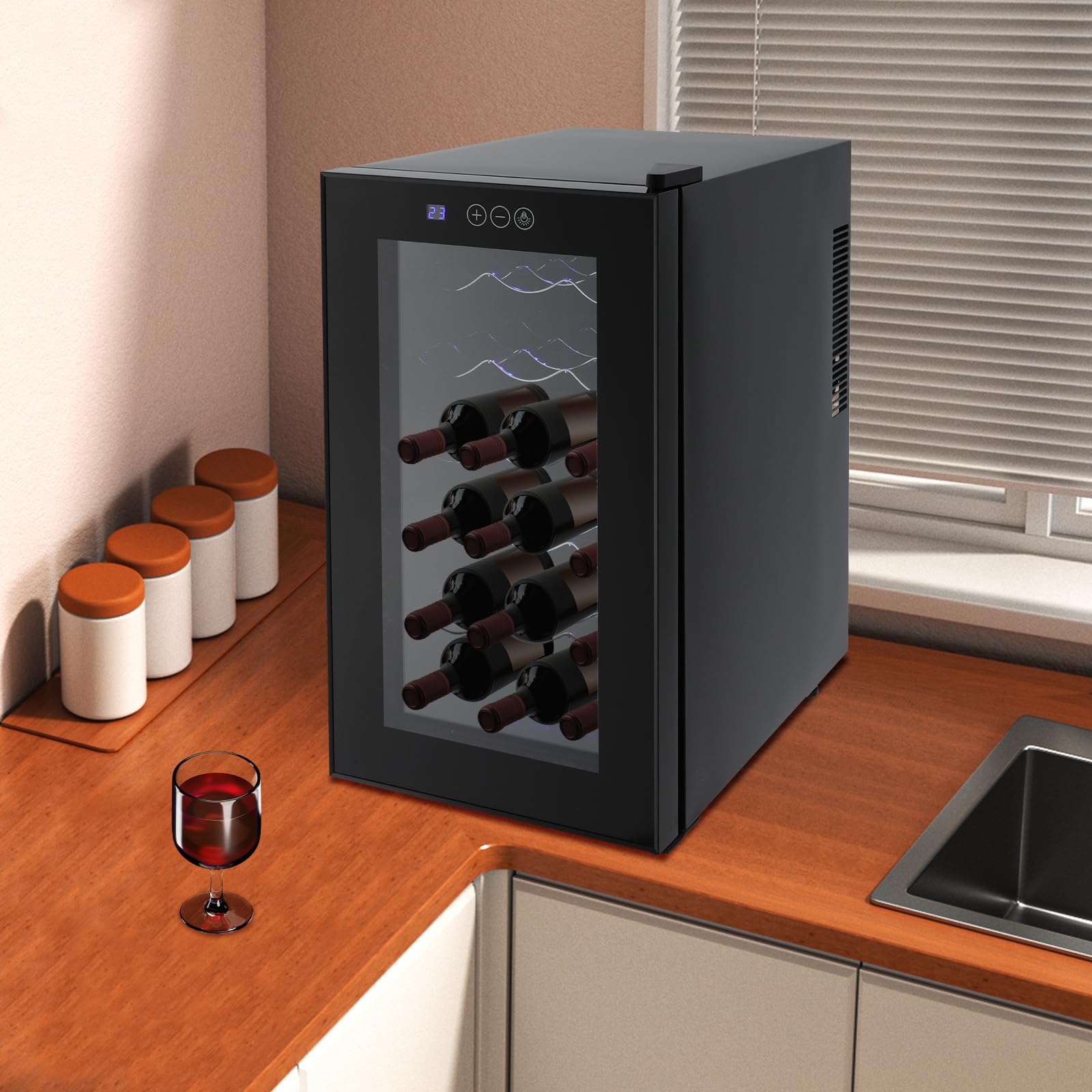 Frigorifero per vino, 46 l, per 18 bottiglie, con temperatura regolabile, frigorifero per bottiglie con display LED, touch, 8-18°C