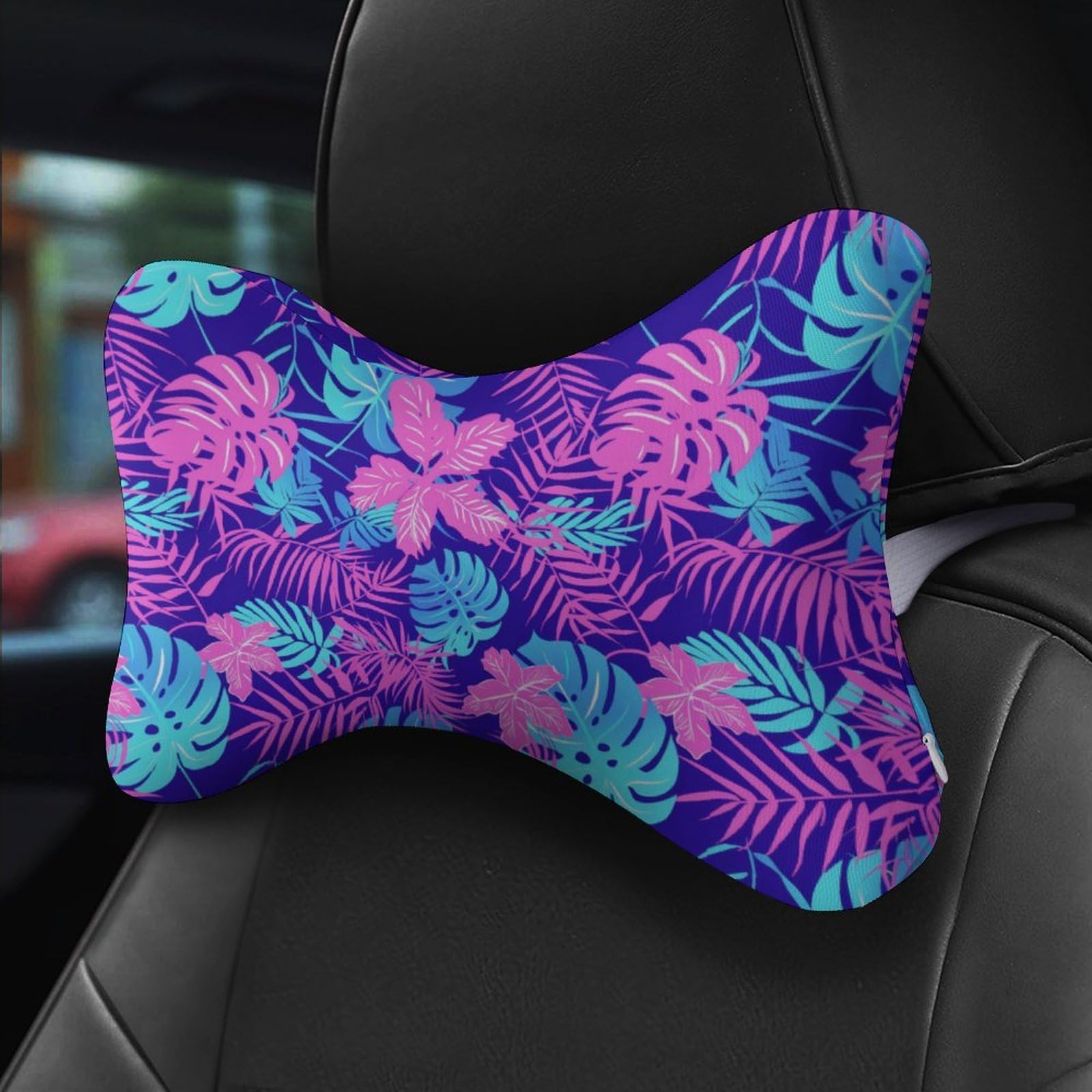 Tropical Hawaii Neon Palm Leav Car Neck Pillow Set of 2 Car Seat Head Support Cushion Bone Pillows with Elastic Strap
