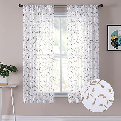 Cortinas Tollpiz translúcidas, con diseño de hojas bordadas, para dormitorio, de lino sintético, para sala de estar, juego de 2 paneles
